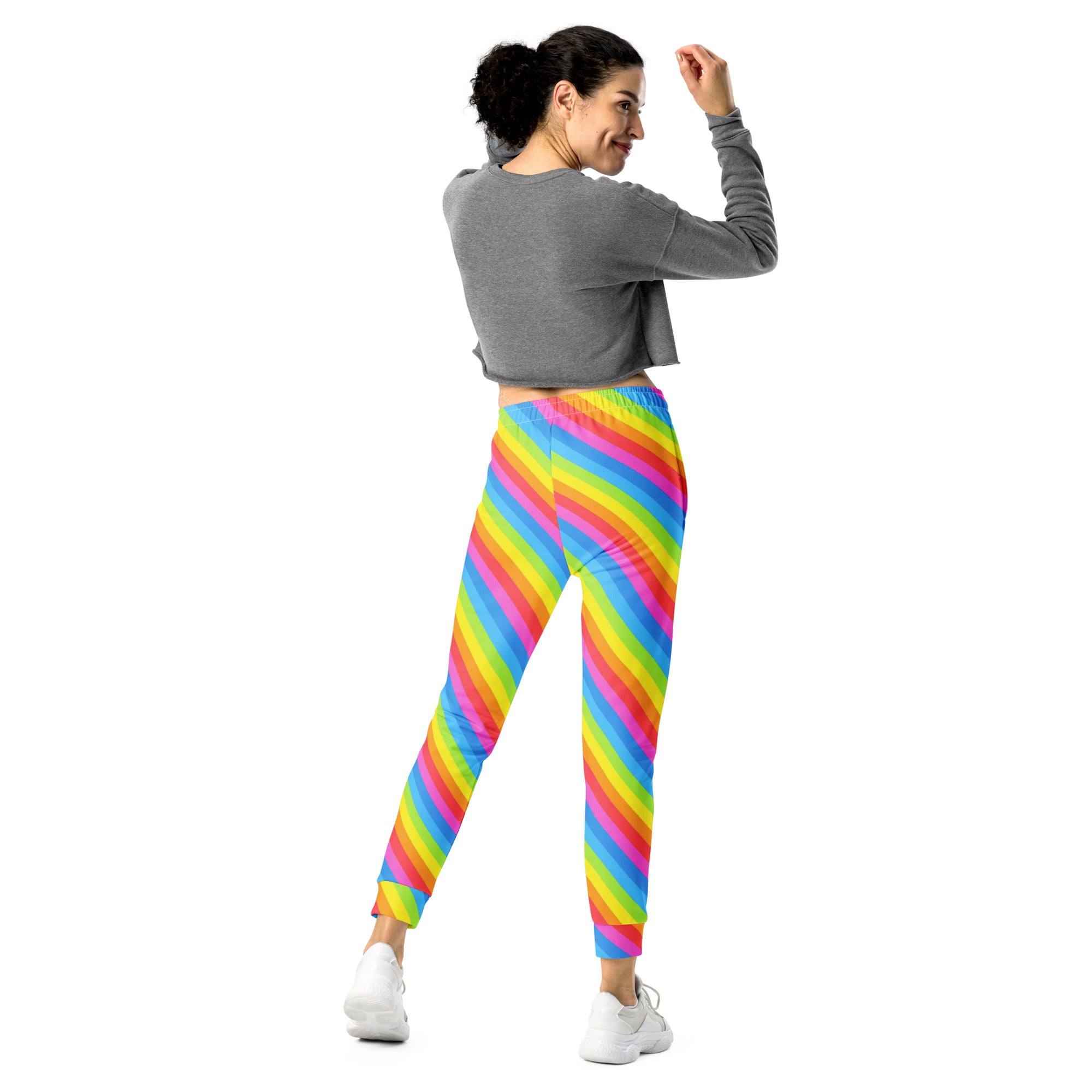 Women’s Rainbow Stripe Recycled Jogger Pants With Pockets – Cozy Brushed Inside Fleece