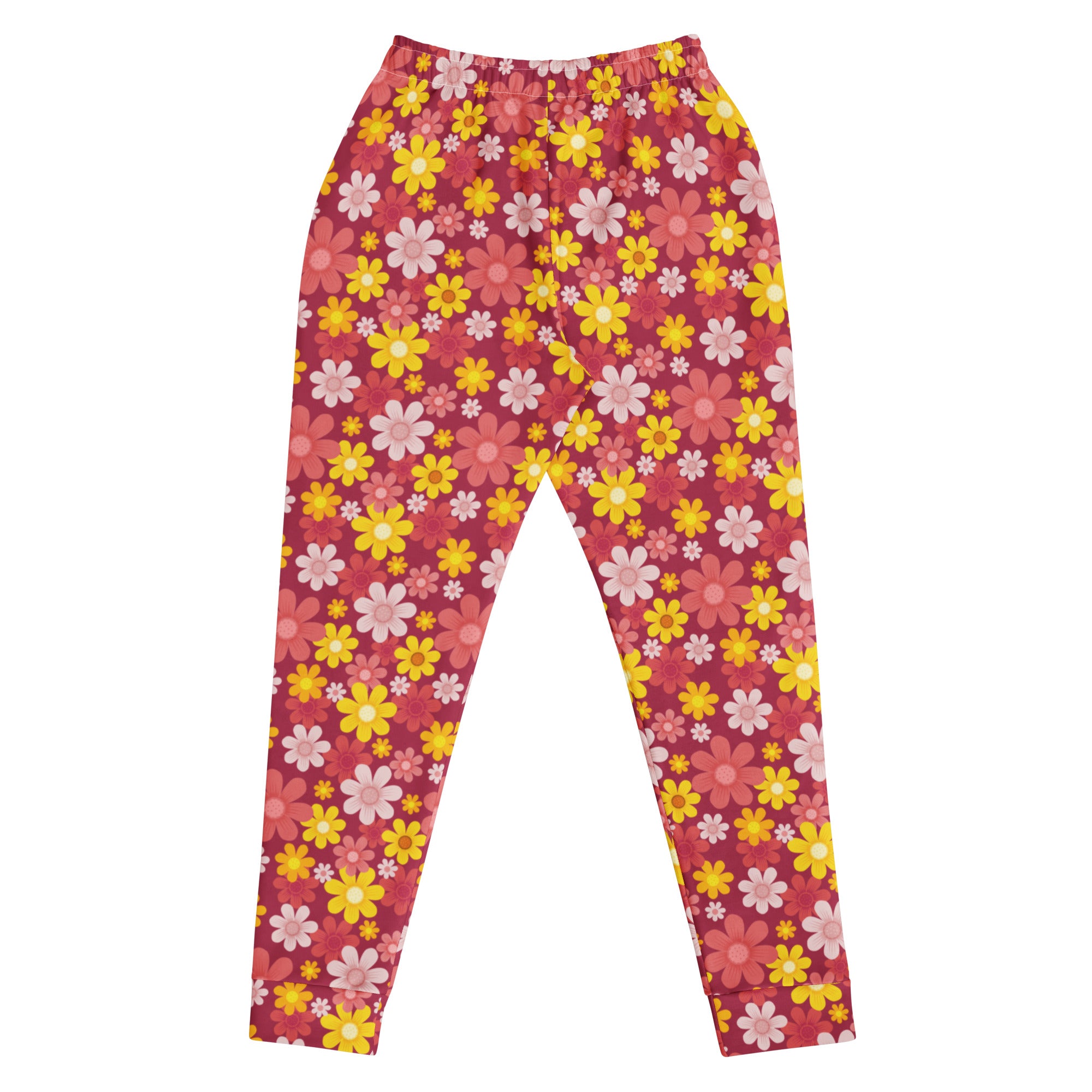 Women’s red floral recycled jogger pants with cozy brushed fleece inside and elastic waistband in pink and yellow floral pattern