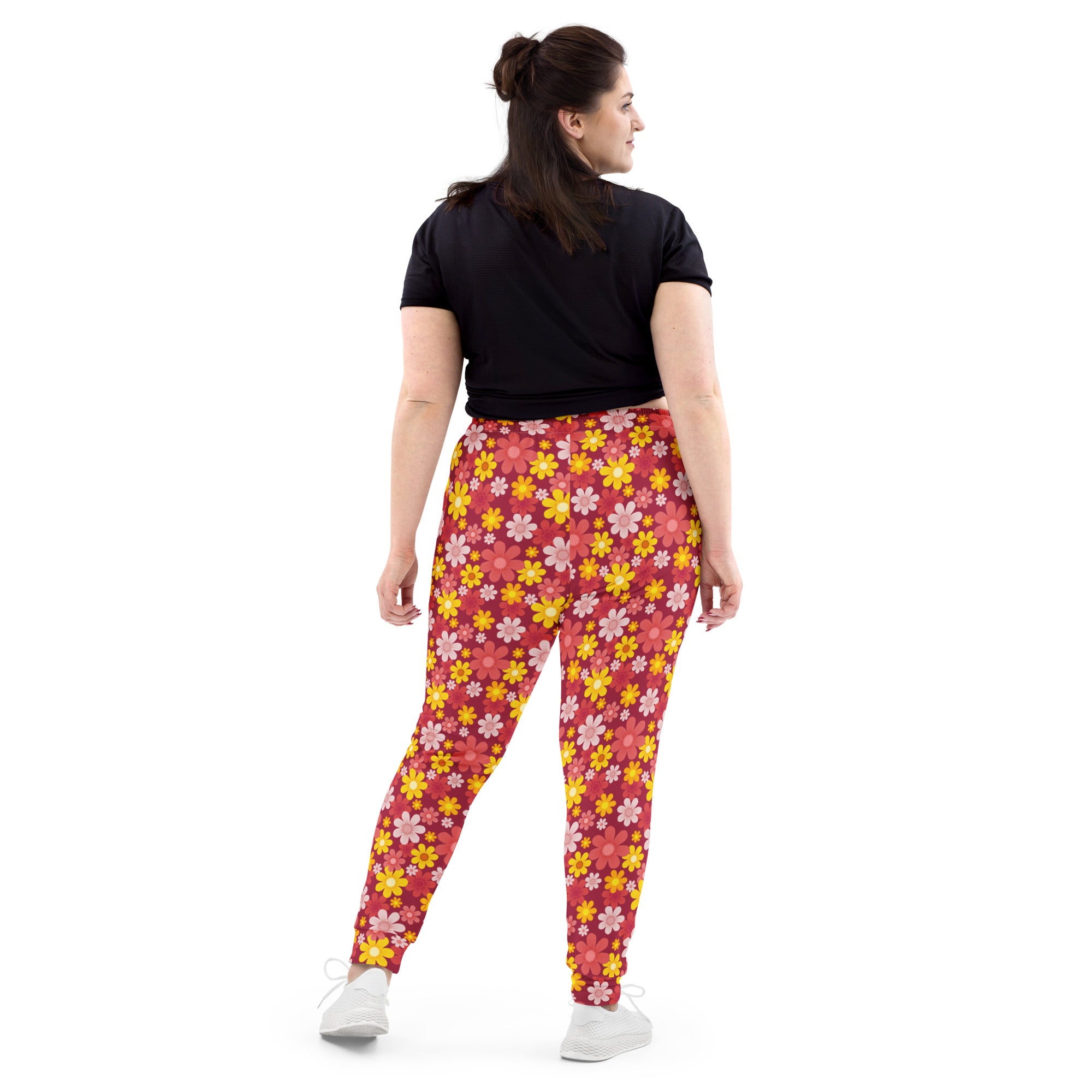 Women’s plus-size red floral recycled jogger pants with yellow and pink flowers cozy brushed inside fleece