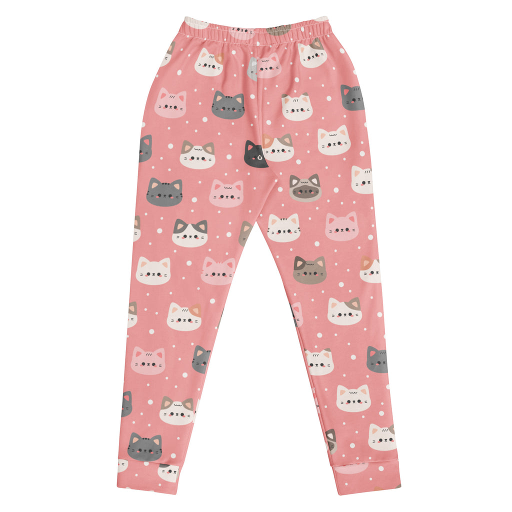 Women’s cute pink recycled jogger pants with cozy brushed fleece inside featuring white gray and pink cartoon cats and polka dots