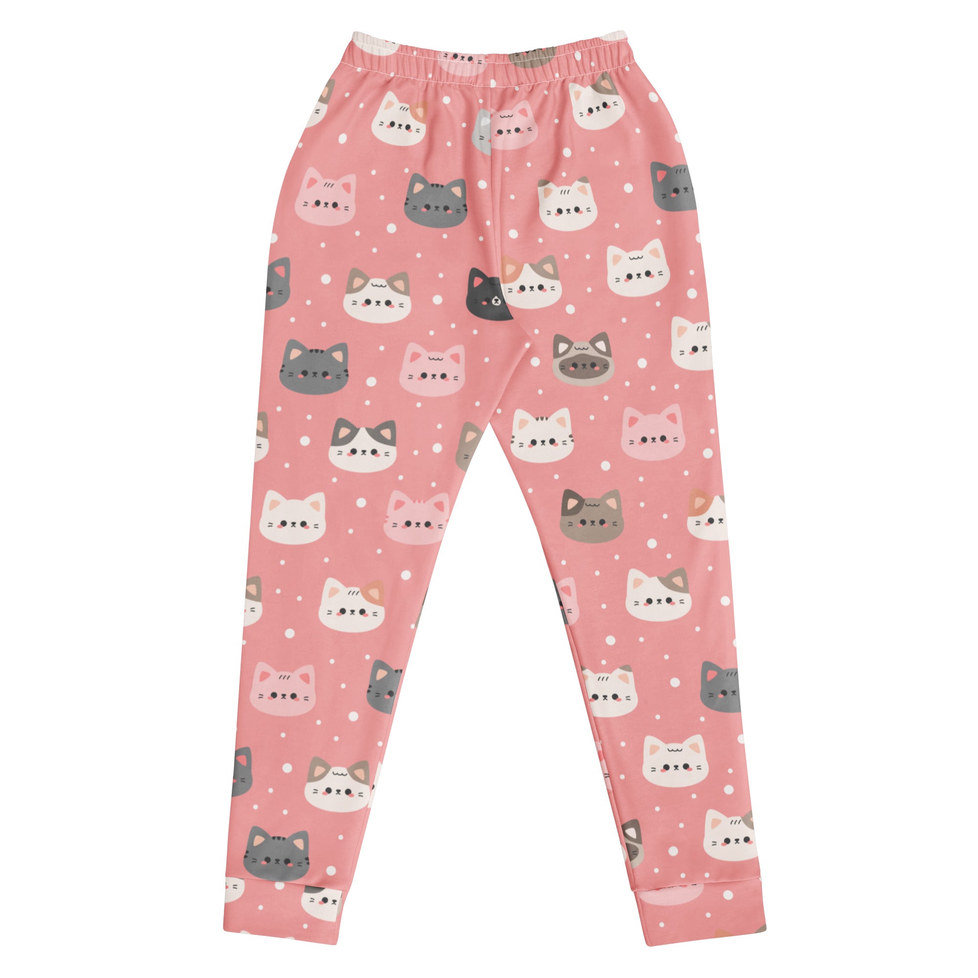 Women’s cute pink recycled jogger pants with cozy brushed fleece inside featuring white gray and pink cartoon cats and polka dots