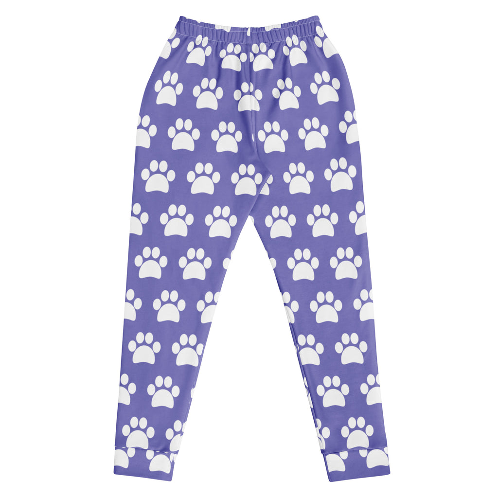 Women’s purple paw print recycled jogger pants with cozy brushed fleece inside and pockets featuring white paw prints