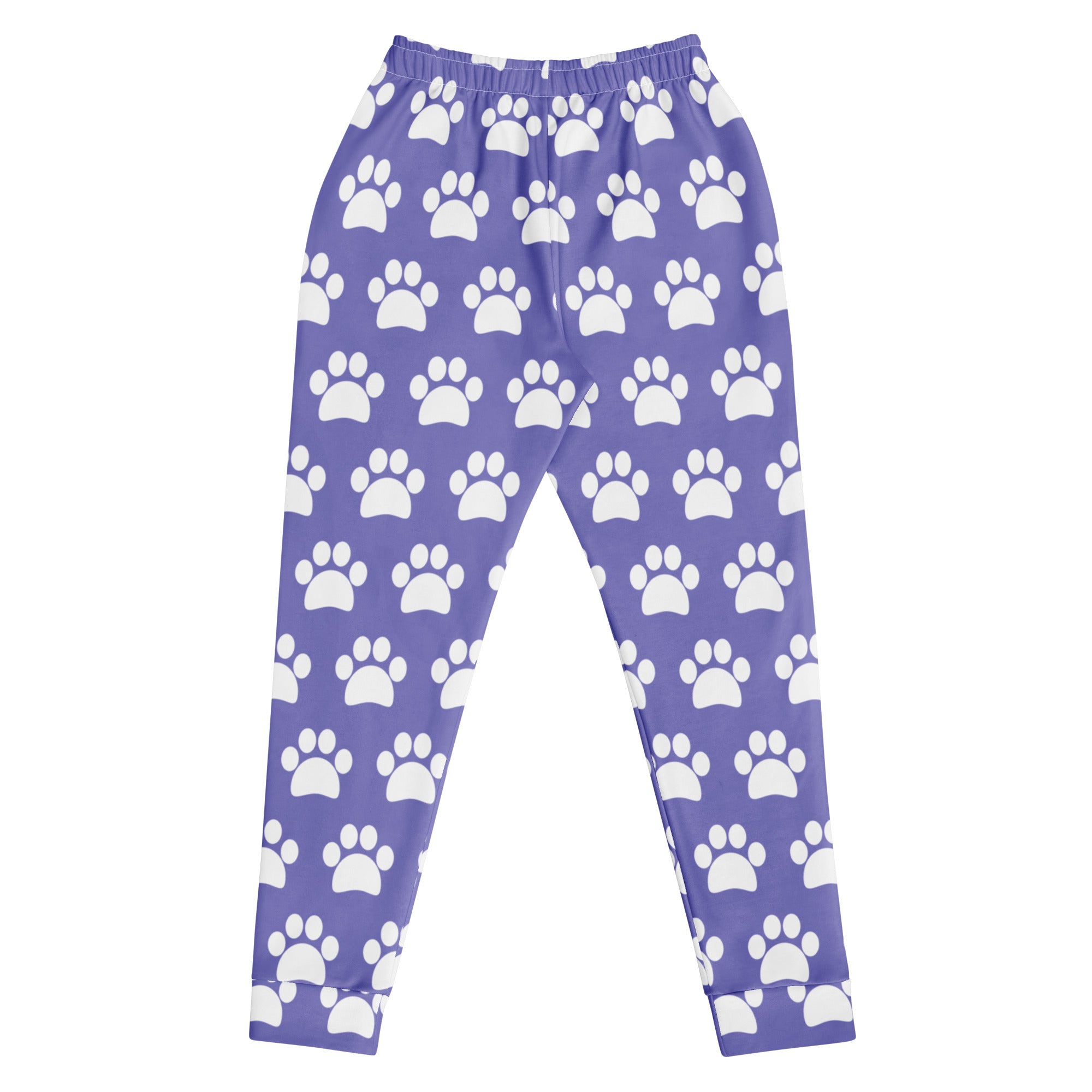 Women’s purple paw print recycled jogger pants with cozy brushed fleece inside and pockets featuring white paw prints