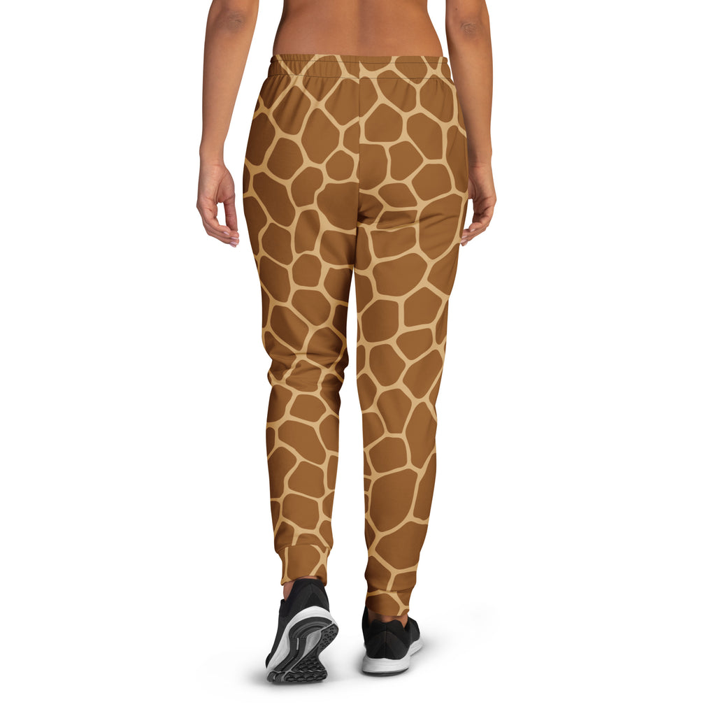 Women’s brown and cream giraffe print jogger pants with recycled cozy brushed fleece and pockets front view