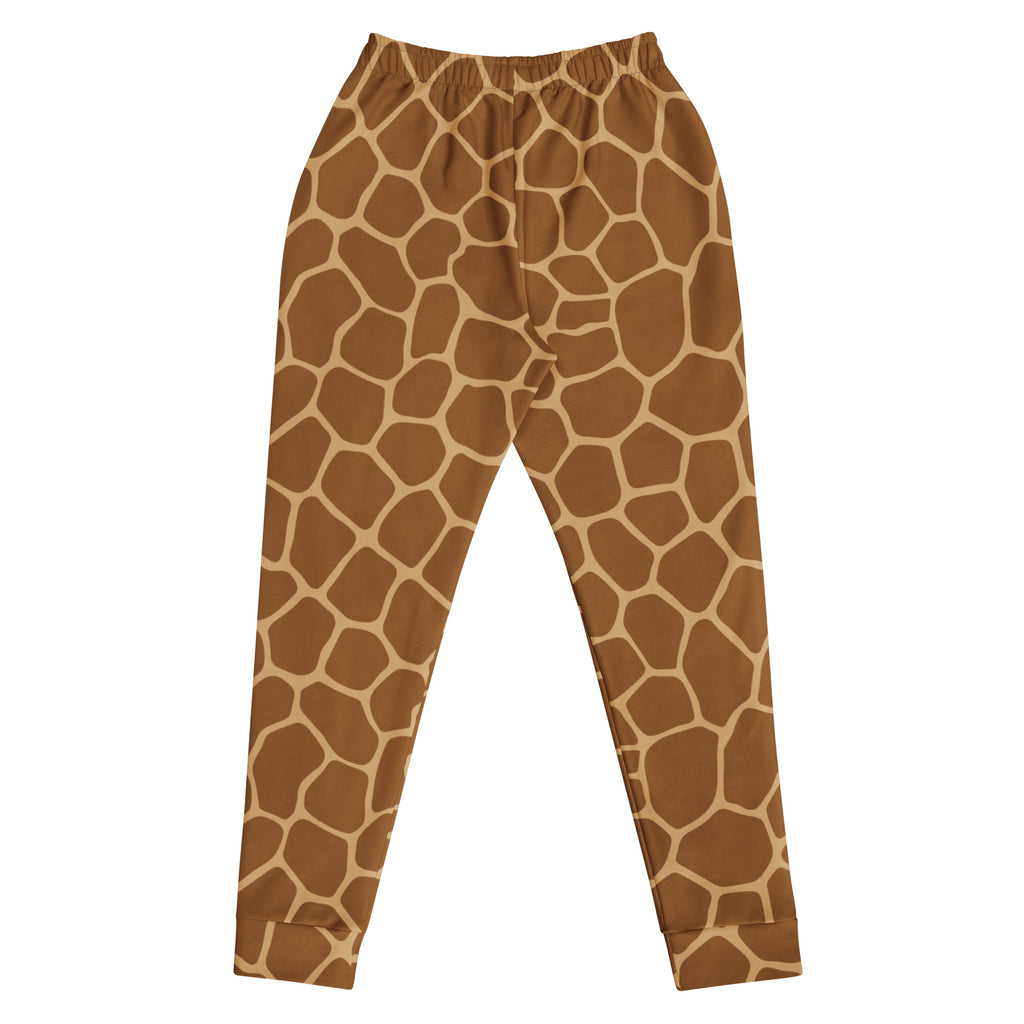 Women’s giraffe print recycled jogger pants with pockets featuring brown and tan fleece fabric and an elastic waistband