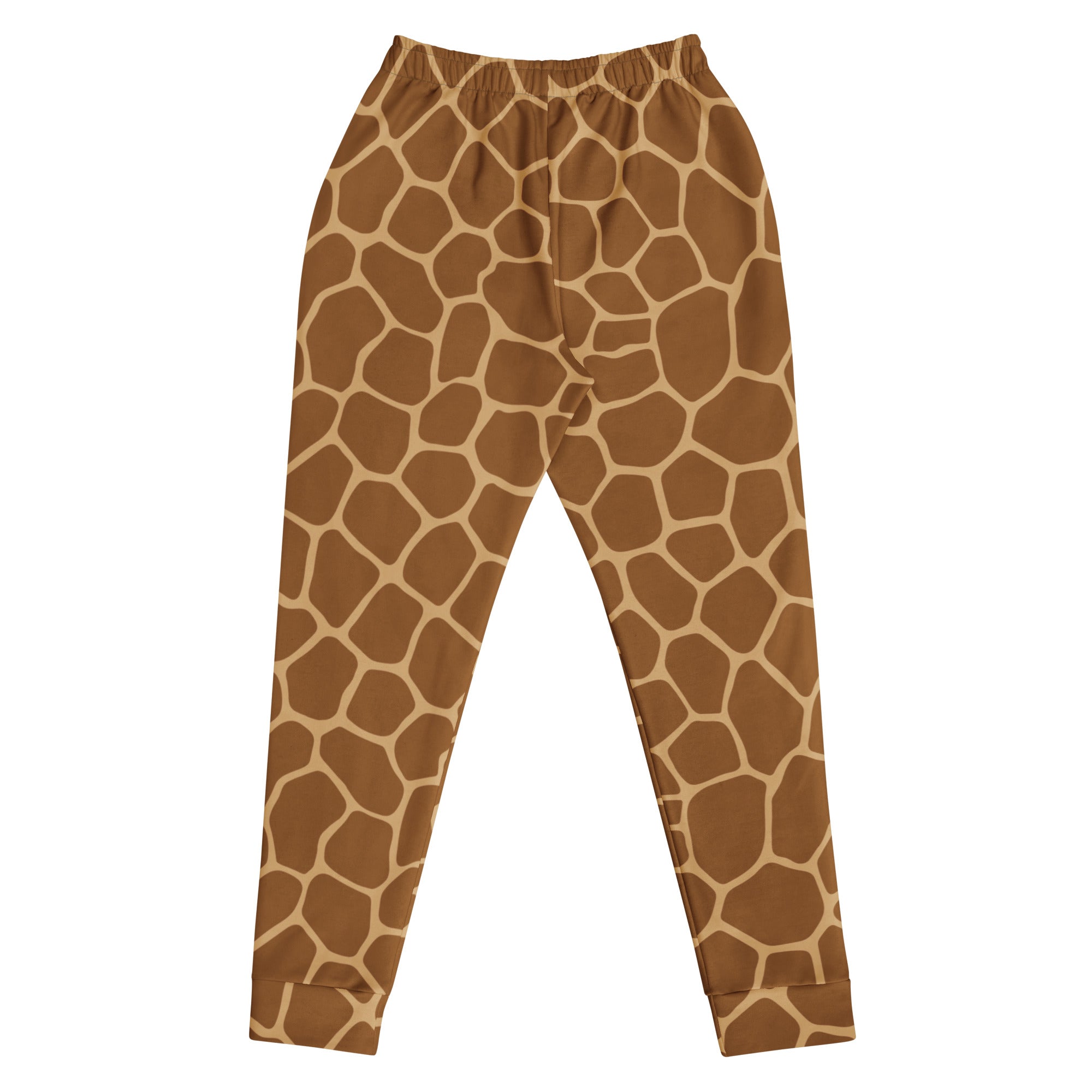 Women’s giraffe print recycled jogger pants with pockets featuring brown and tan fleece fabric and an elastic waistband