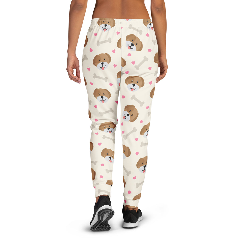Women’s cream-colored dog and bone print recycled jogger pants with cozy brushed fleece and pockets