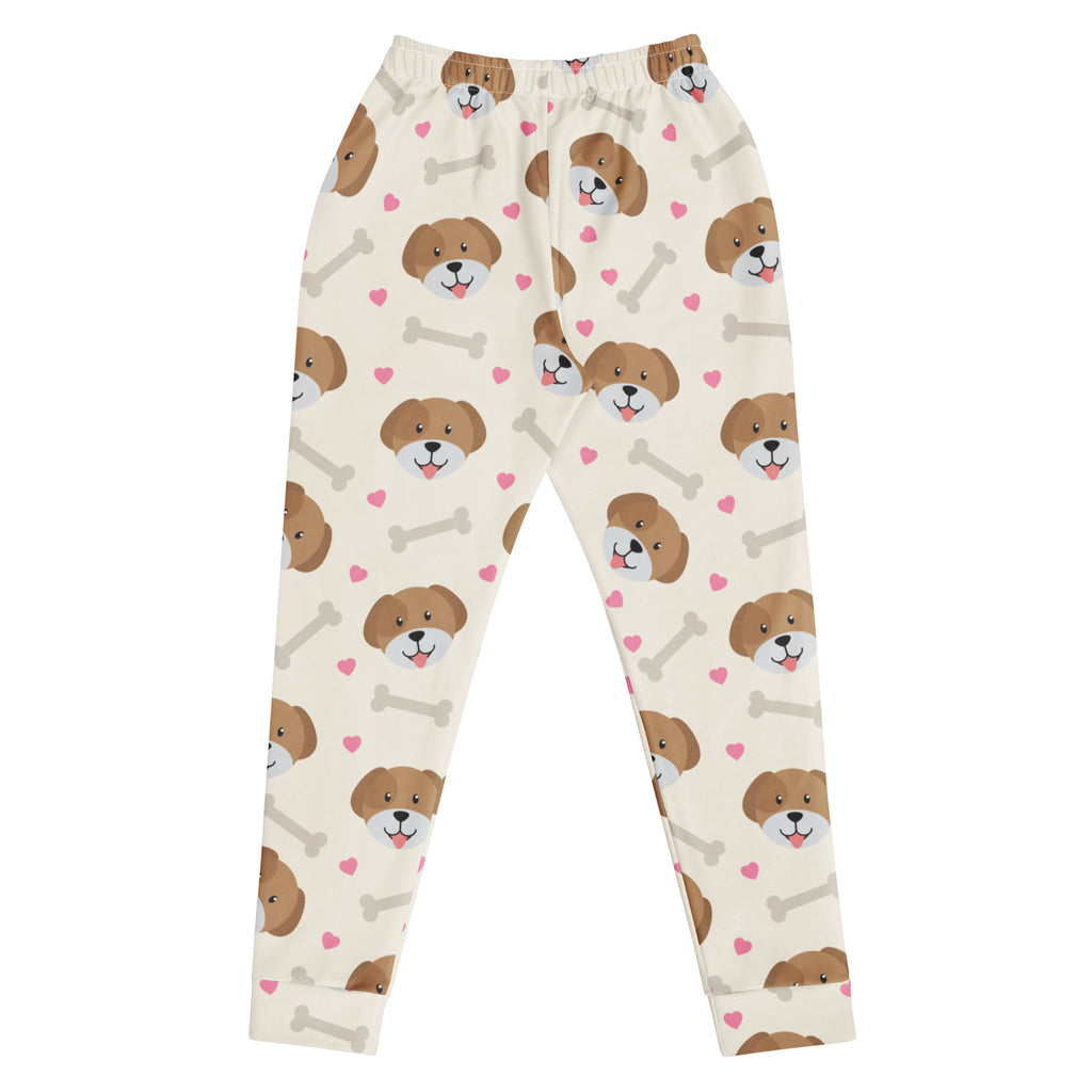 Women’s cream-colored dog and bone print recycled jogger pants with pockets featuring cozy brushed fleece lining