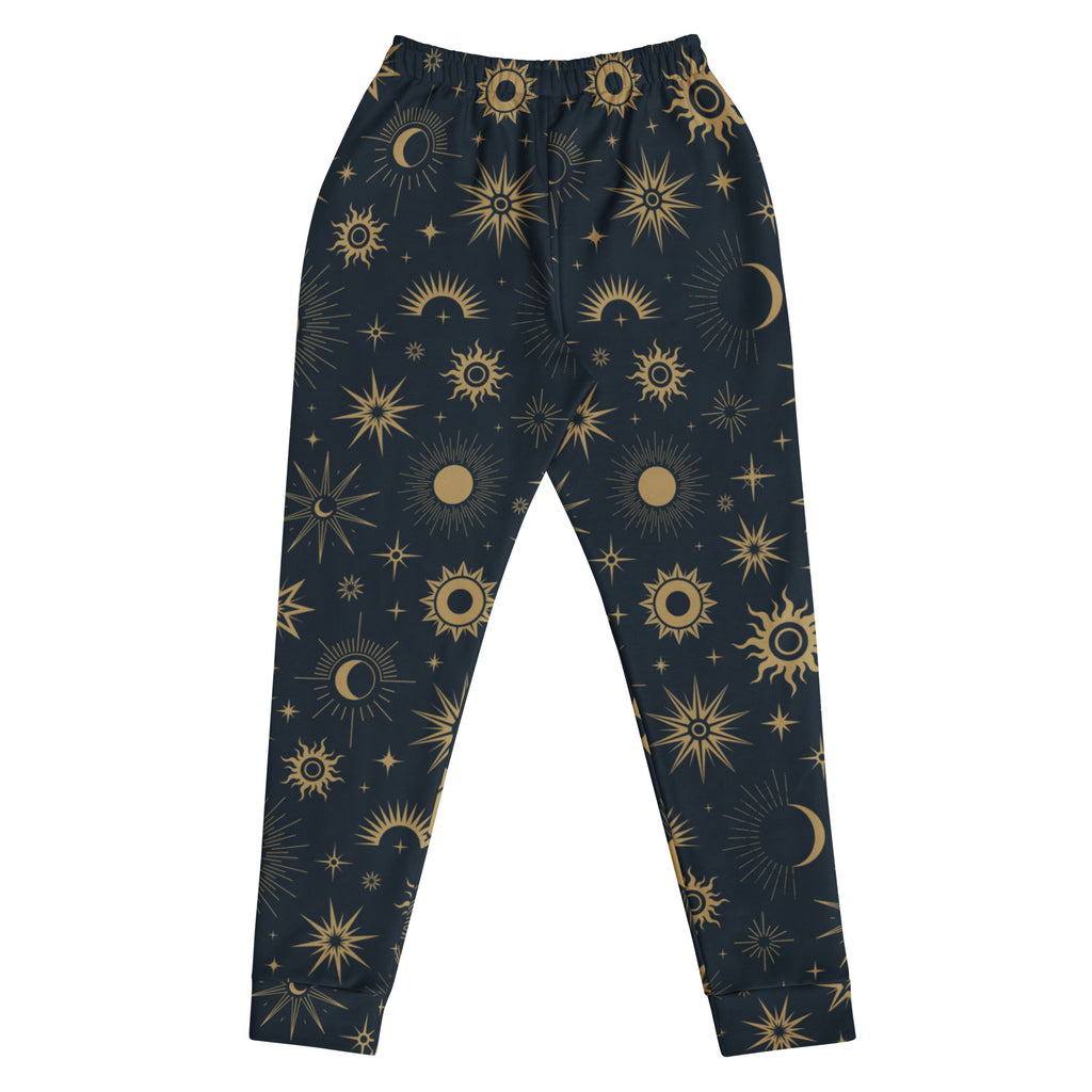 Dark blue women’s recycled jogger pants with gold celestial suns moons stars cozy brushed fleece and pockets