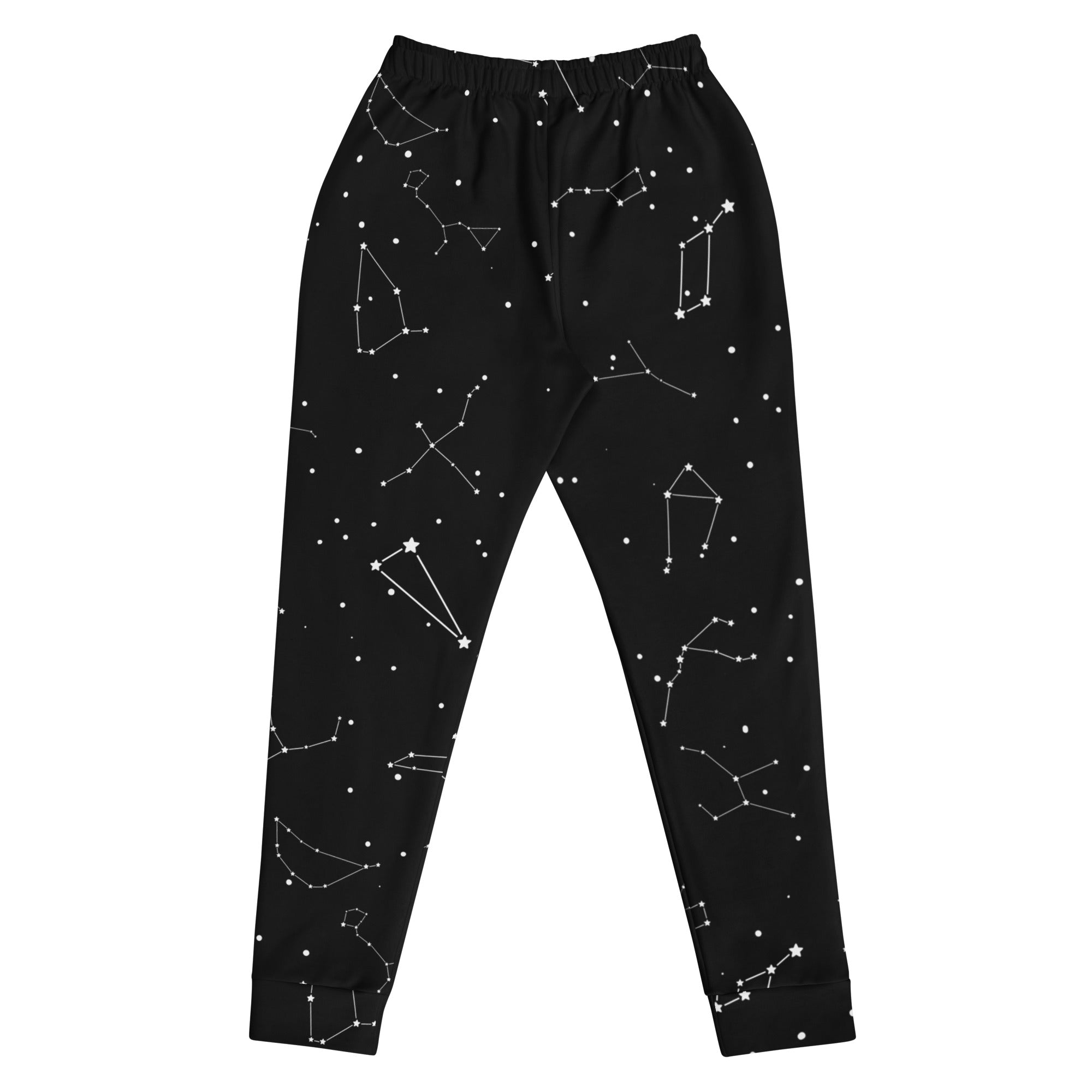 Black pajama jogger pants with white constellation star pattern recycled fabric cozy fleece with pockets