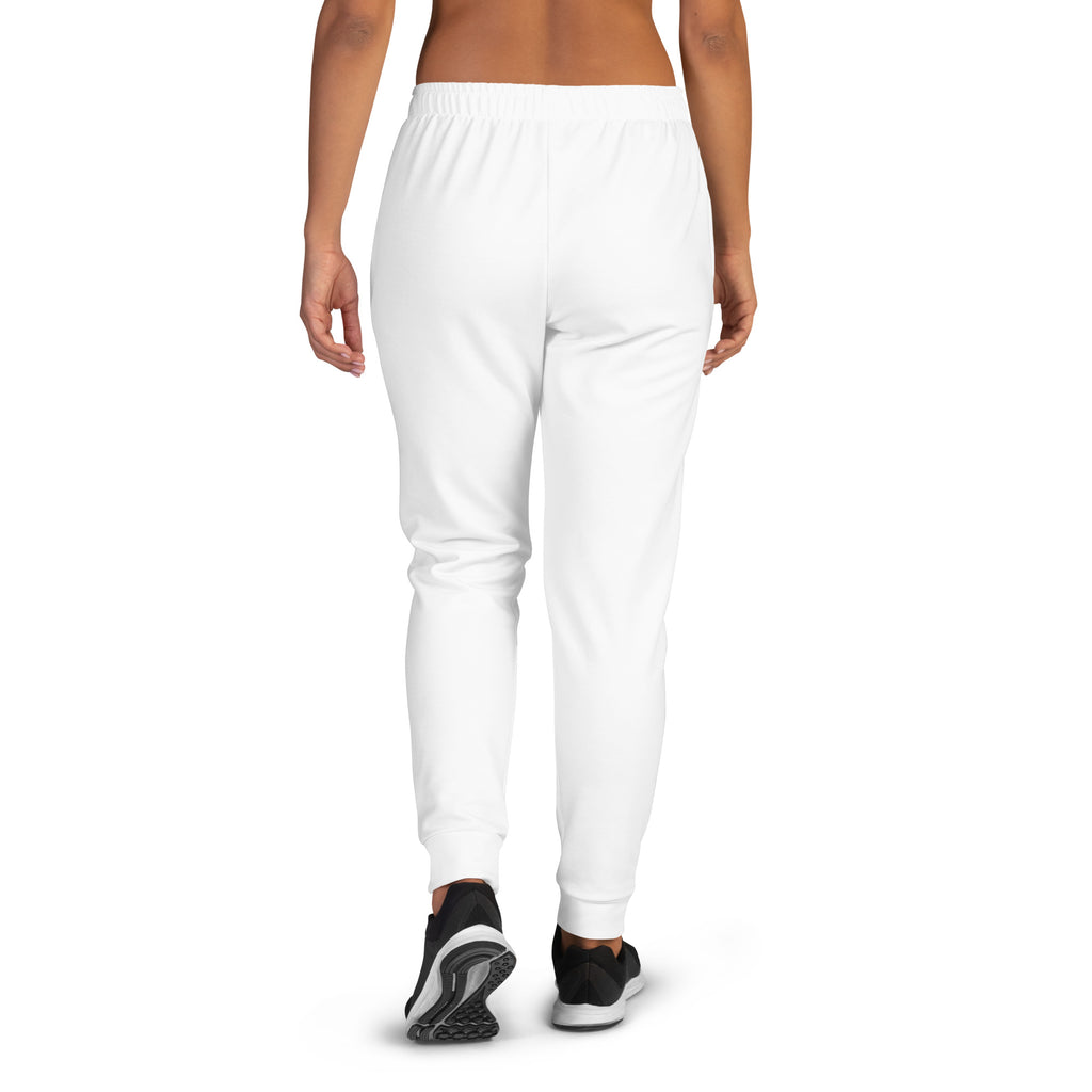 Women’s white recycled jogger pants with soft stretchy fabric tapered legs cozy brushed inside fleece and pockets
