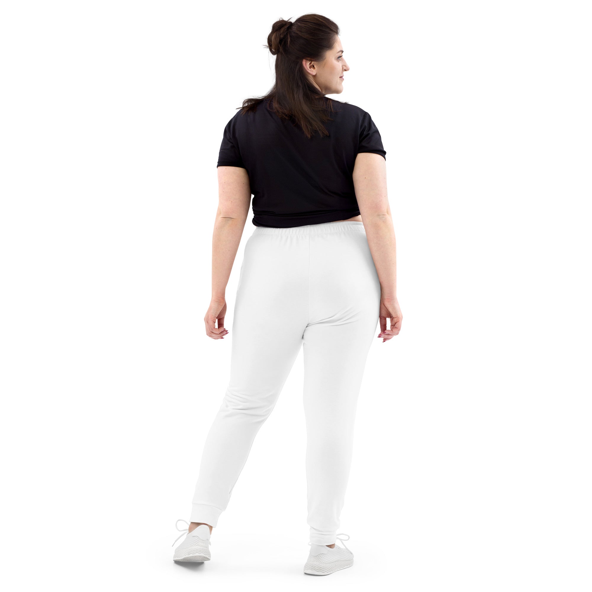 Women’s white high-waisted jogger pants with pockets made from cozy brushed inside recycled fleece