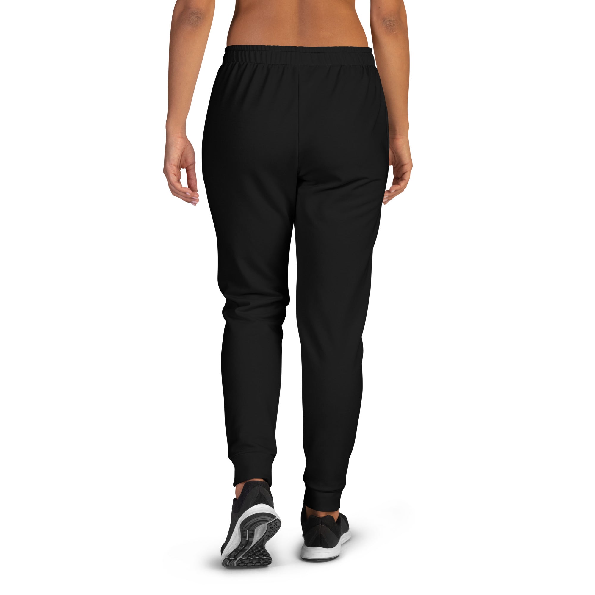 Women’s black recycled jogger pants with elastic waistband tapered legs pockets and cozy brushed inside fleece lining