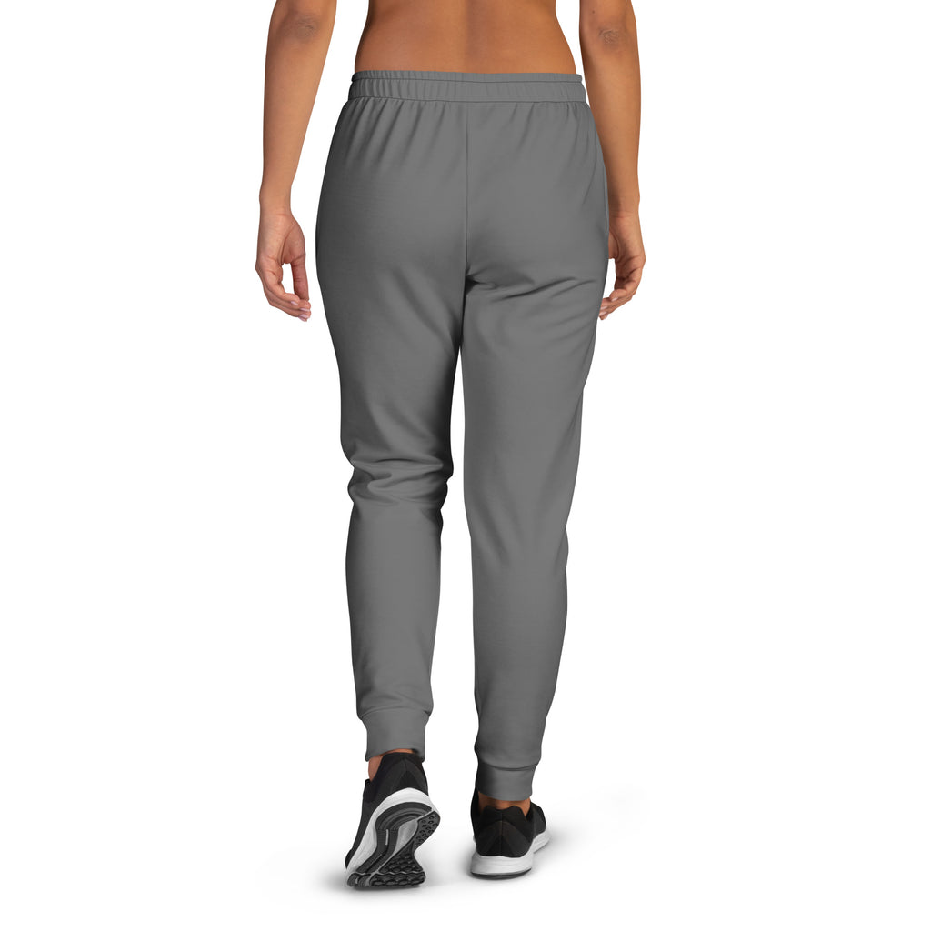 Women’s gray recycled jogger pants with elastic waistband tapered legs pockets and cozy brushed inside fleece lining
