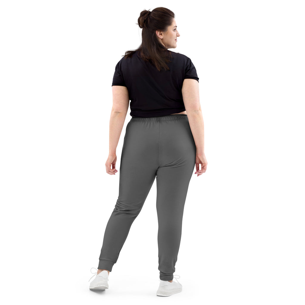 Women’s gray recycled jogger pants with pockets made of cozy brushed inside fleece with elastic waistband and ribbed cuffs