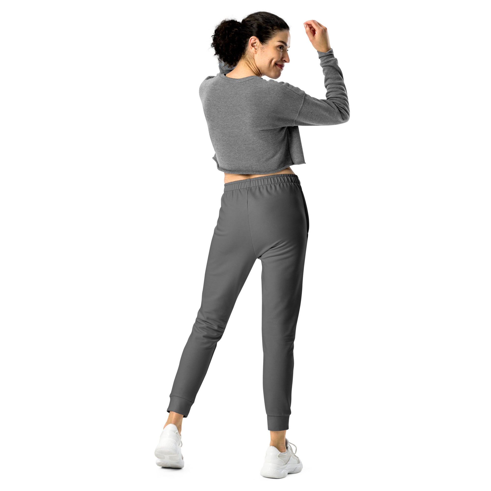 Women’s gray recycled jogger pants with pockets featuring cozy brushed inside fleece paired with gray cropped sweatshirt