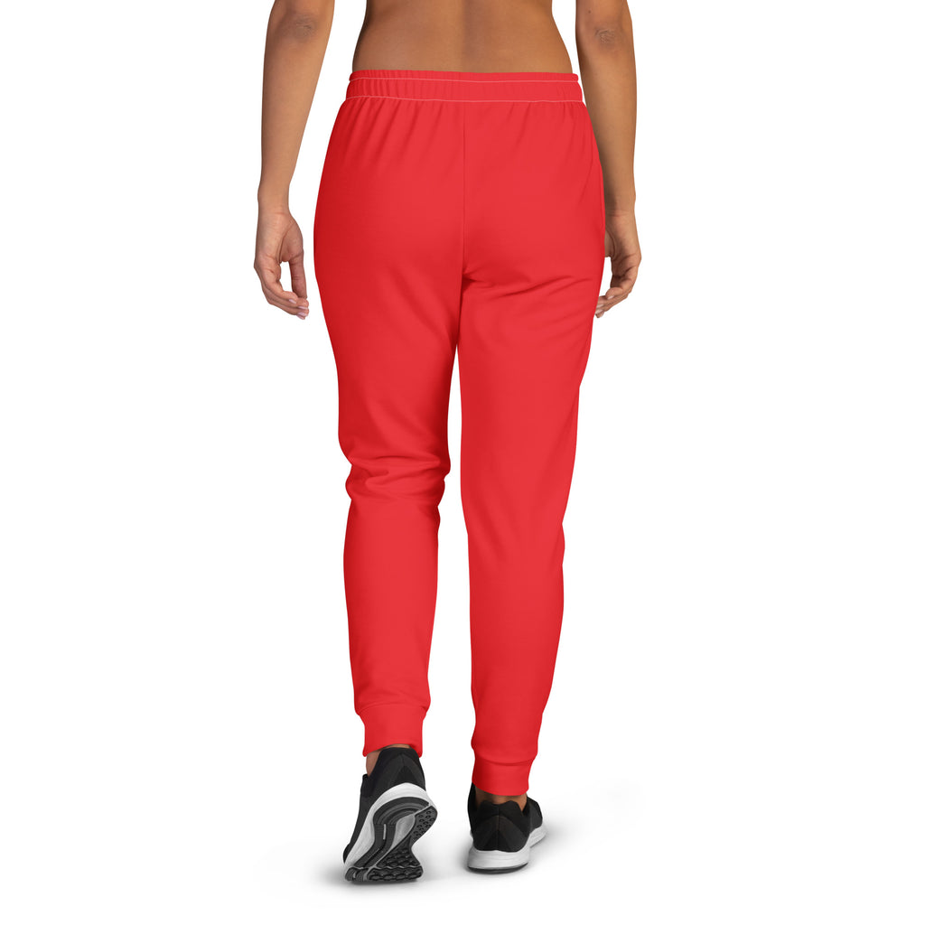 Women’s red recycled jogger pants with elastic waistband ribbed cuffs pockets and cozy brushed inside fleece lining