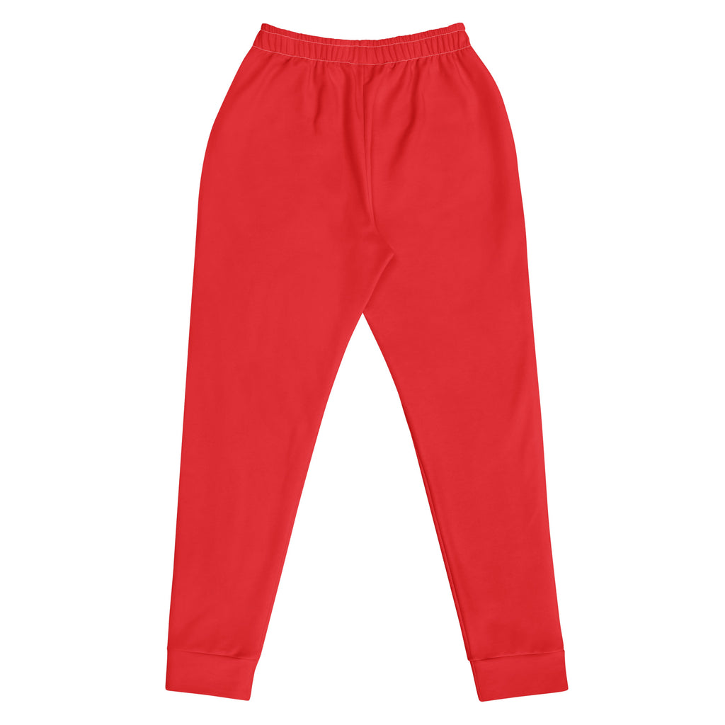 Women’s red recycled jogger pants with elastic waistband ribbed cuffs pockets and cozy brushed inside fleece lining