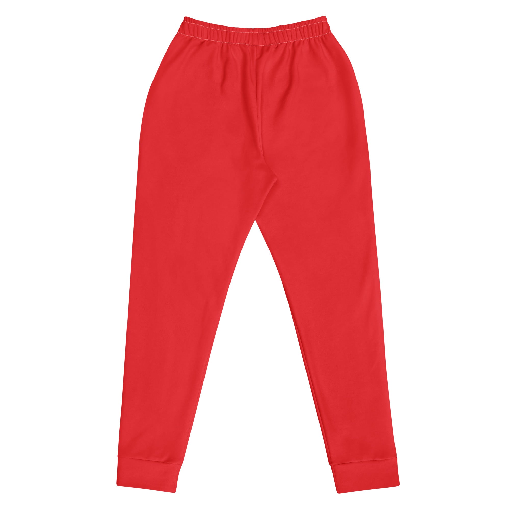 Women’s red recycled jogger pants with elastic waistband ribbed cuffs pockets and cozy brushed inside fleece lining