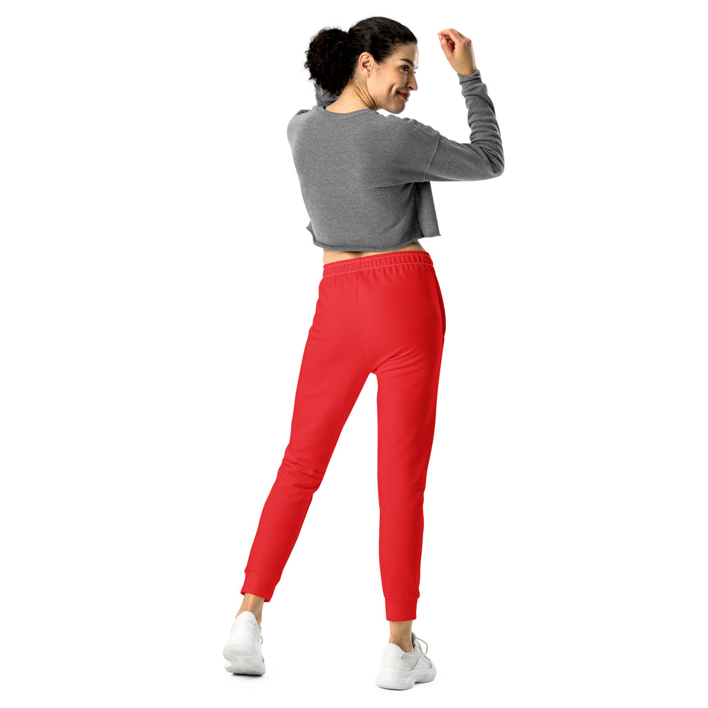 Women’s red recycled jogger pants with snug fit elastic waistband cozy brushed inside fleece and pockets