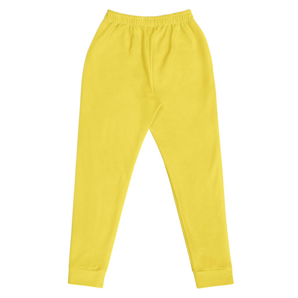 Women’s bright yellow recycled cotton jogger pants with elastic waistband ribbed cuffs and cozy brushed fleece lining