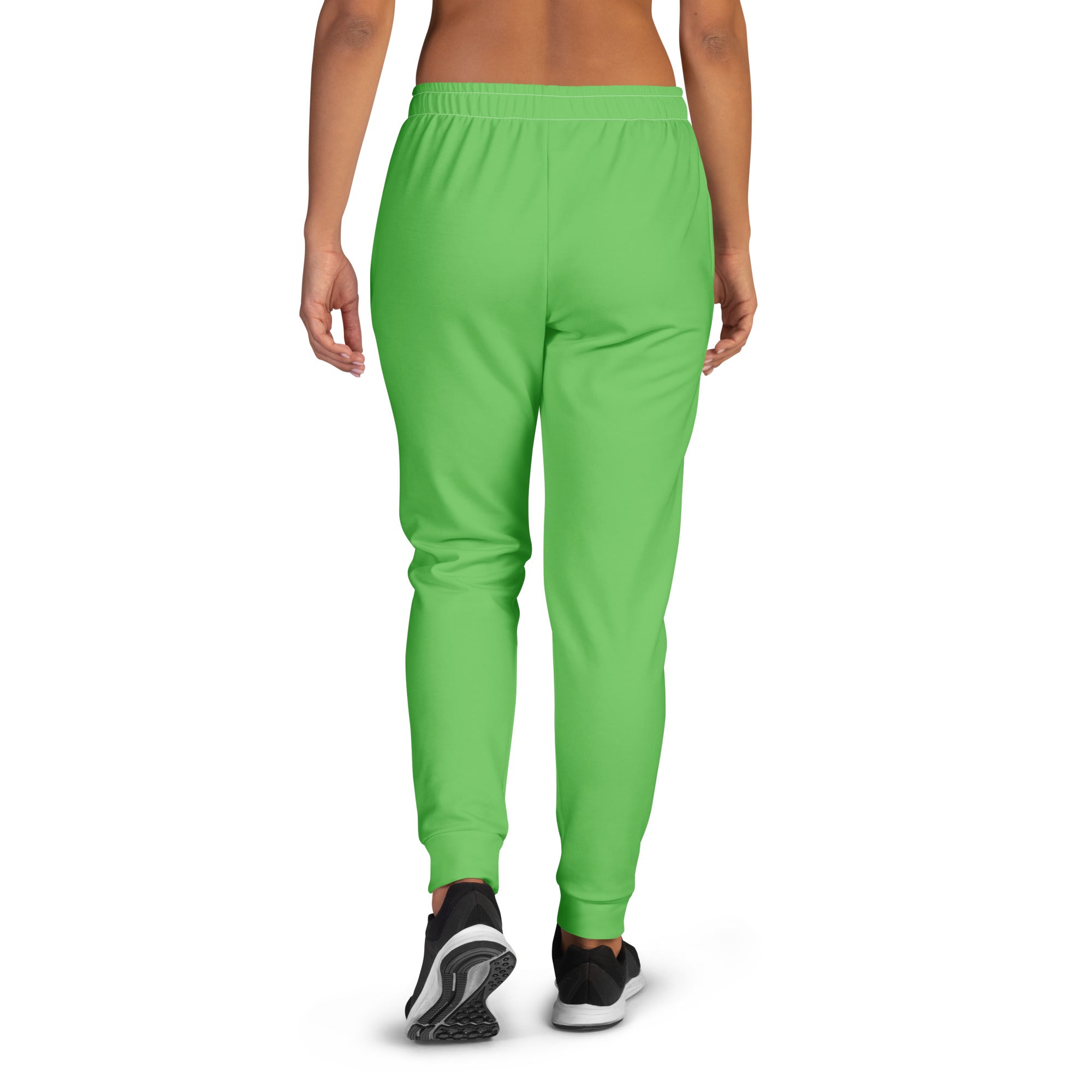 Bright green women’s recycled jogger pants with elastic waistband ribbed cuffs cozy brushed fleece inside