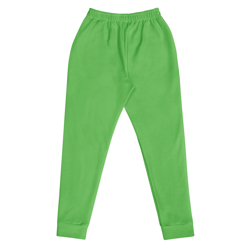 Women’s bright green recycled jogger pants with soft fabric, elastic waistband, ribbed cuffs, and cozy brushed fleece inside