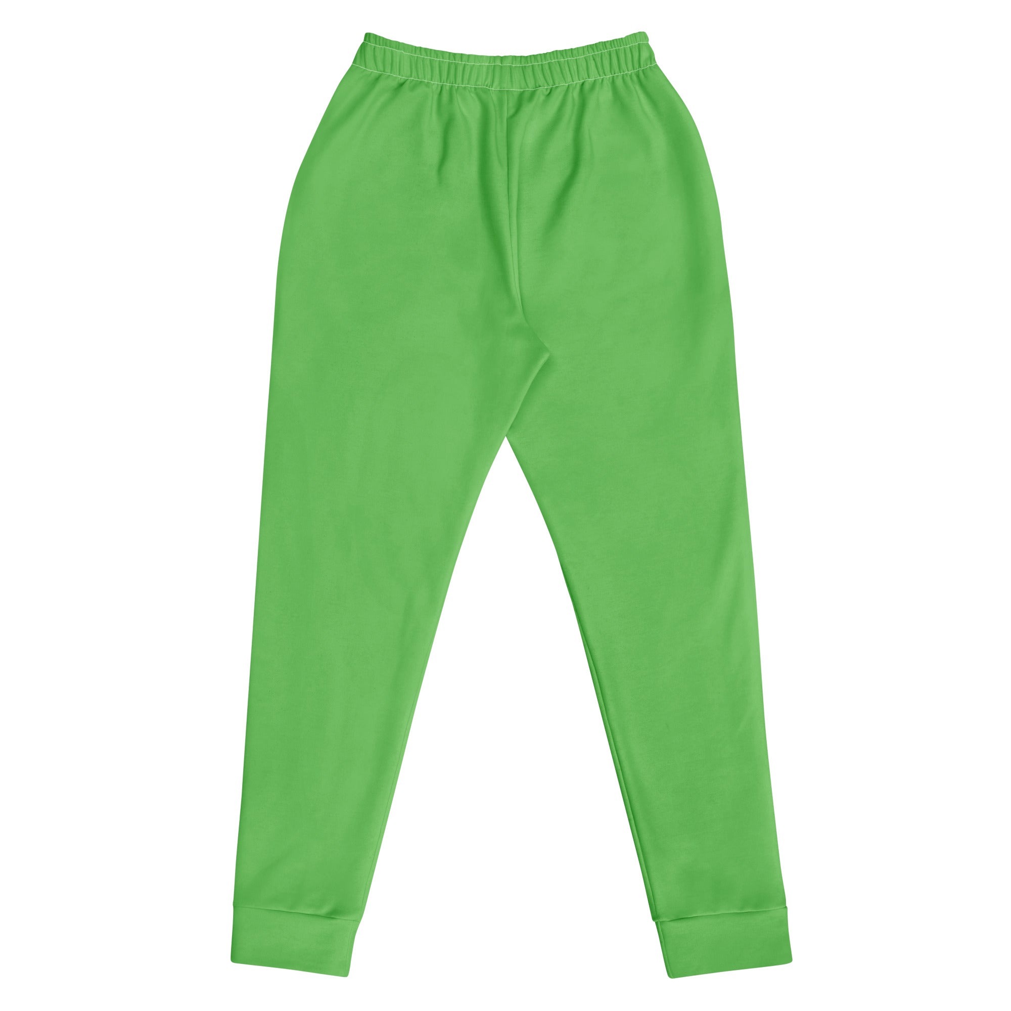 Women’s bright green recycled jogger pants with soft fabric, elastic waistband, ribbed cuffs, and cozy brushed fleece inside