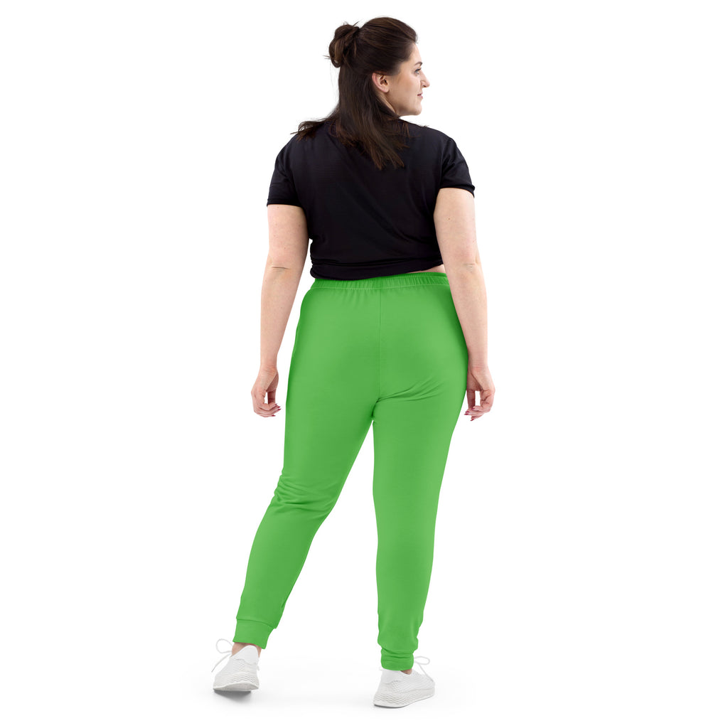 Women’s bright green recycled jogger pants with elastic waistband ribbed cuffs and cozy brushed inside fleece