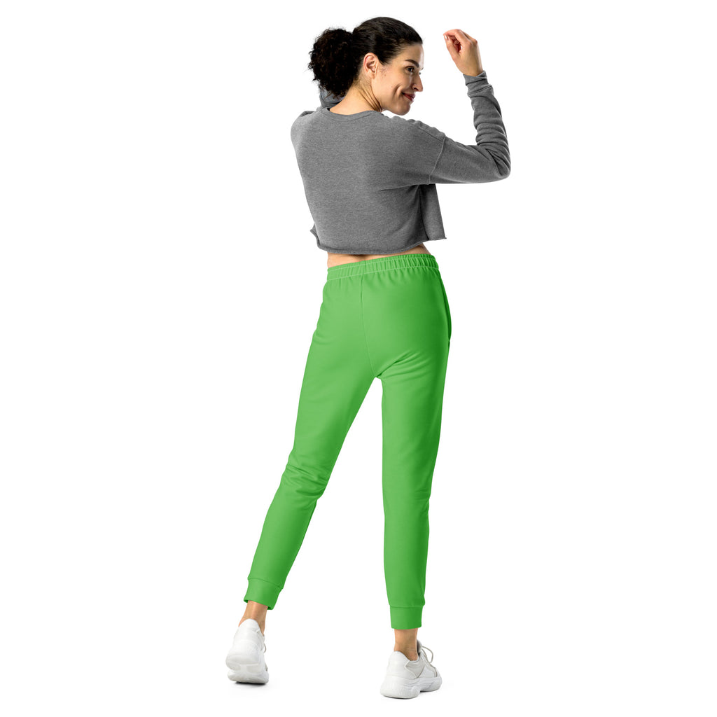 Women’s bright green recycled jogger pants with elastic waistband tapered legs cozy brushed fleece lining