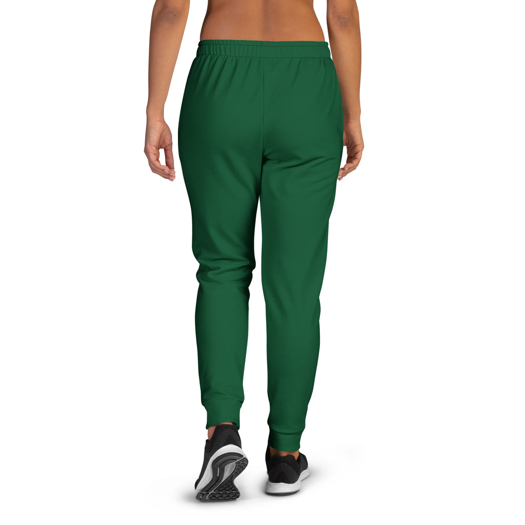 Women’s dark green recycled jogger pants with elastic waistband tapered legs and cozy brushed inside fleece lining