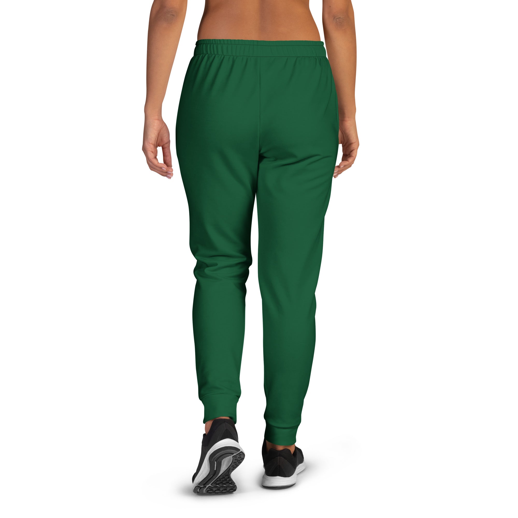 Women’s dark green recycled jogger pants with elastic waistband tapered legs and cozy brushed inside fleece lining