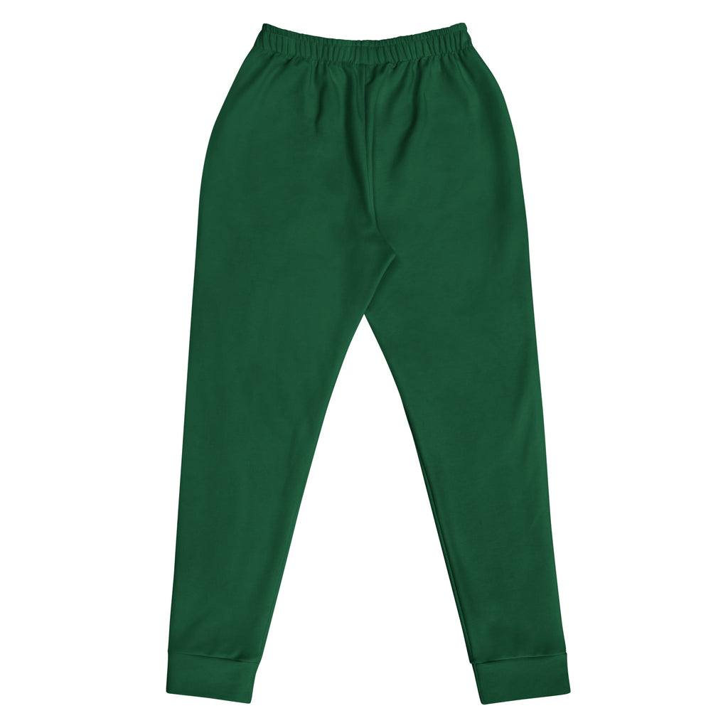 Women’s dark green recycled jogger pants with soft fabric, elastic waistband, ribbed cuffs, and cozy brushed fleece inside
