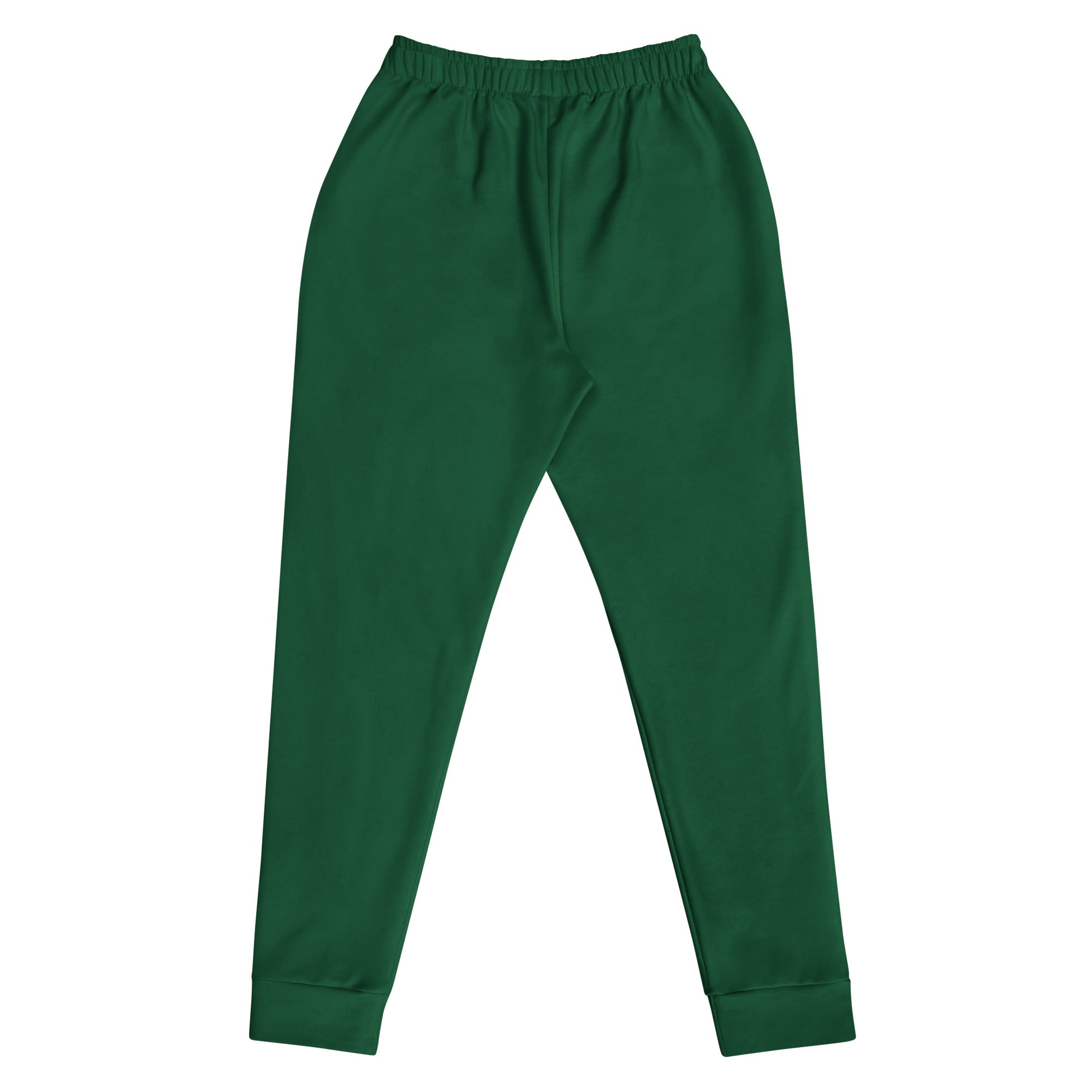 Women’s dark green recycled jogger pants with soft fabric, elastic waistband, ribbed cuffs, and cozy brushed fleece inside