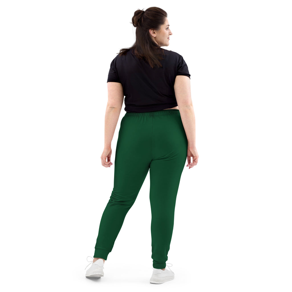 Women’s dark green recycled jogger pants with elastic waistband ribbed cuffs and cozy brushed inside fleece lining