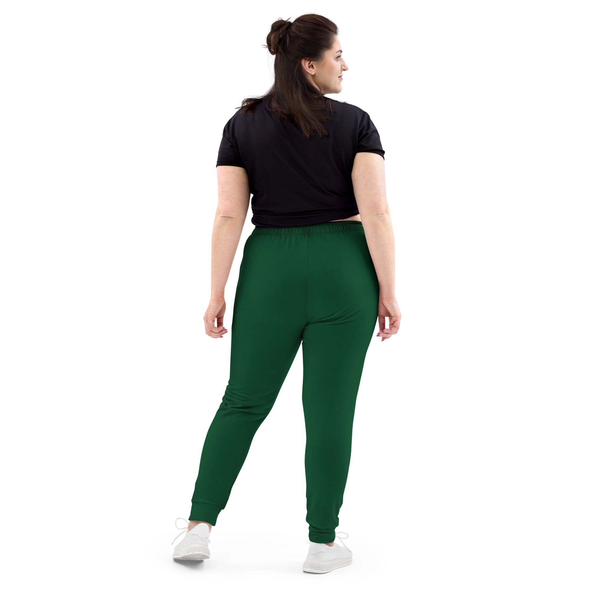 Women’s dark green recycled jogger pants with elastic waistband ribbed cuffs and cozy brushed inside fleece lining
