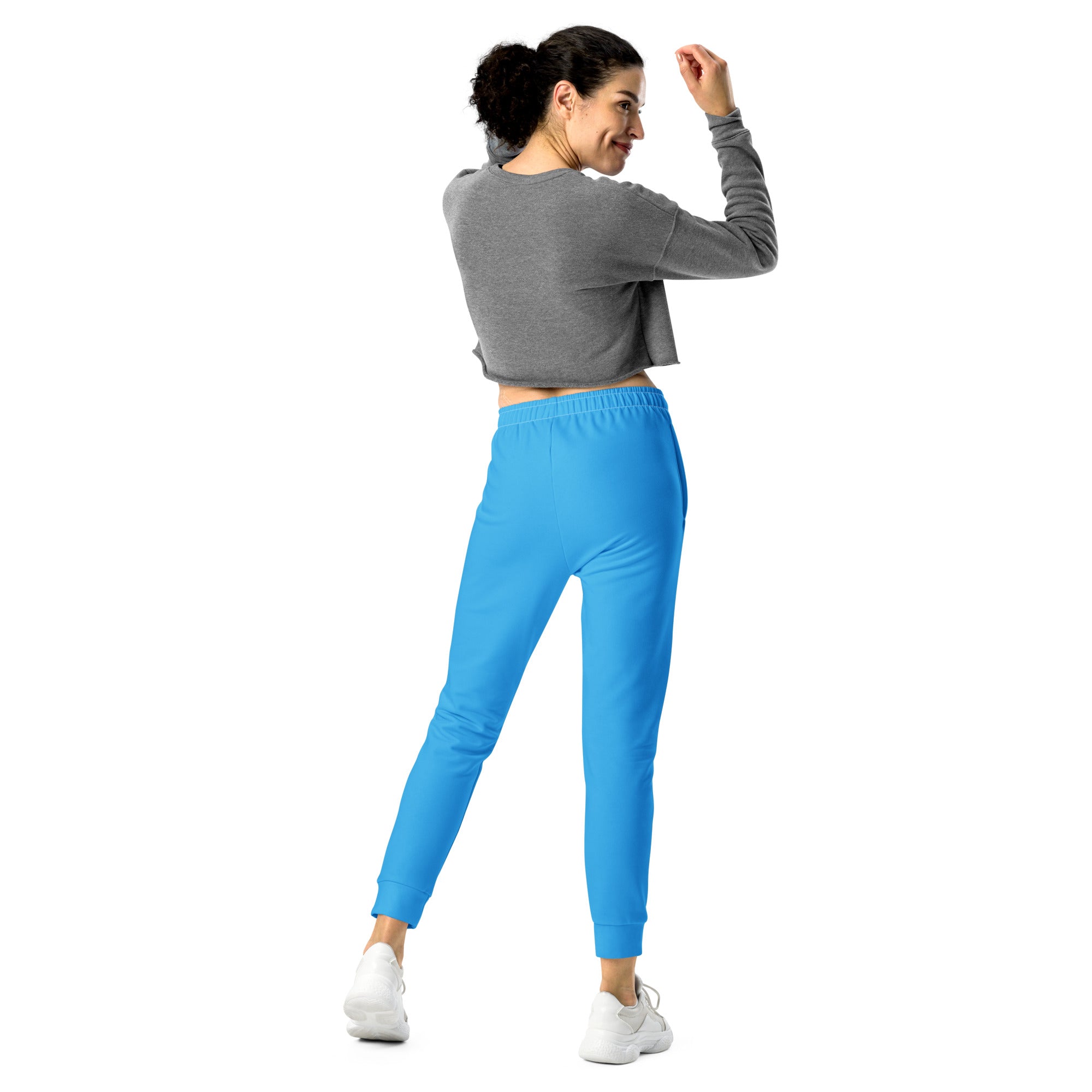 Women’s sky blue recycled jogger pants with elastic waistband ribbed cuffs and cozy brushed inside fleece lining