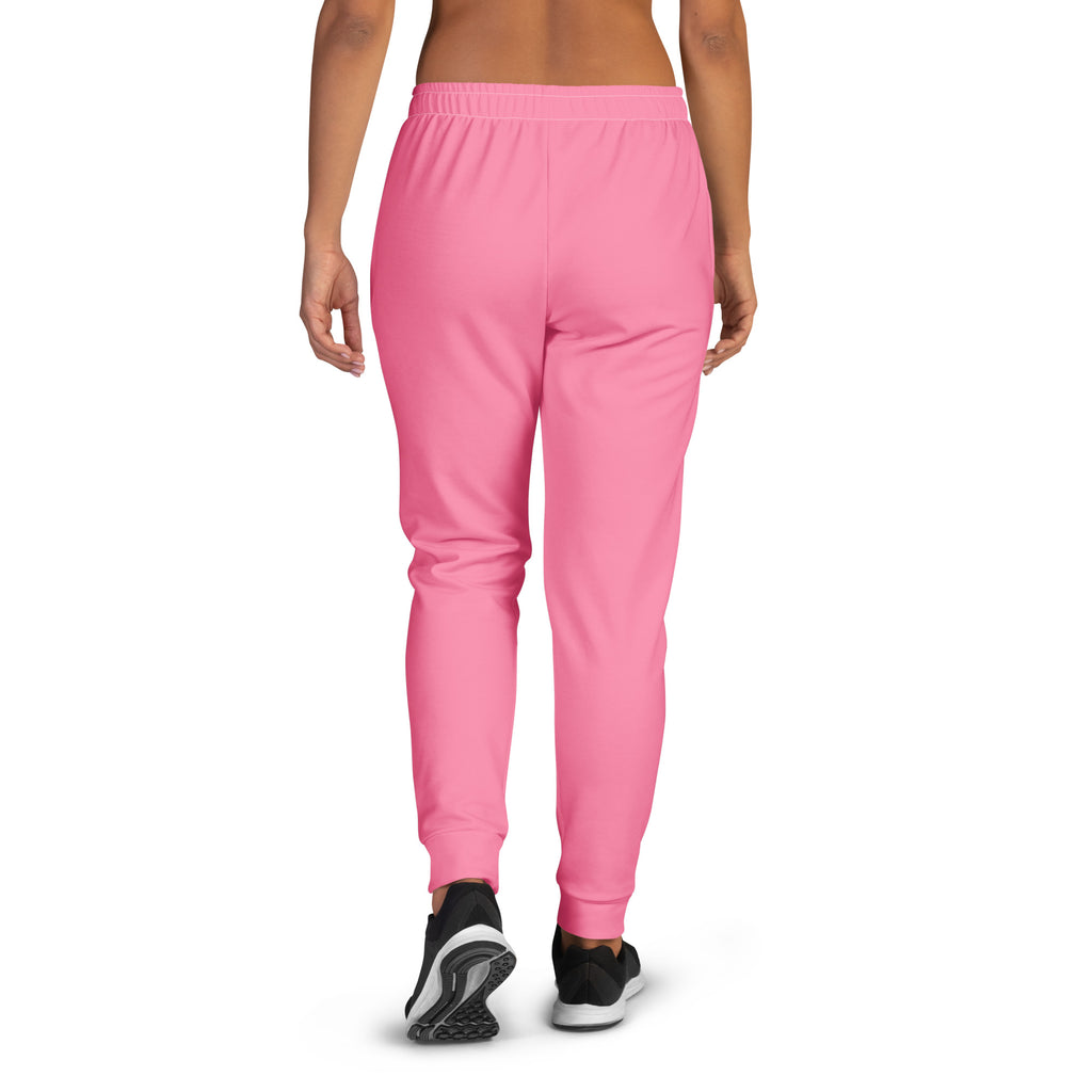 Women’s pink recycled jogger pants with elastic waistband ribbed cuffs pockets and cozy brushed fleece inside