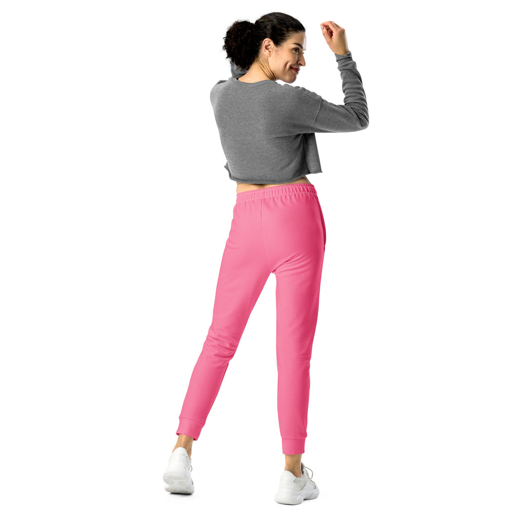 Women’s bright pink recycled jogger pants with pockets elastic waistband tapered legs cozy brushed fleece lining