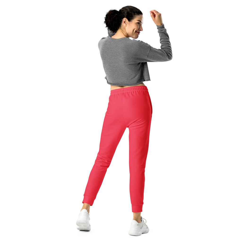 Women’s bright pink slim-fit recycled jogger pants with elastic waistband and cozy brushed inside fleece lining