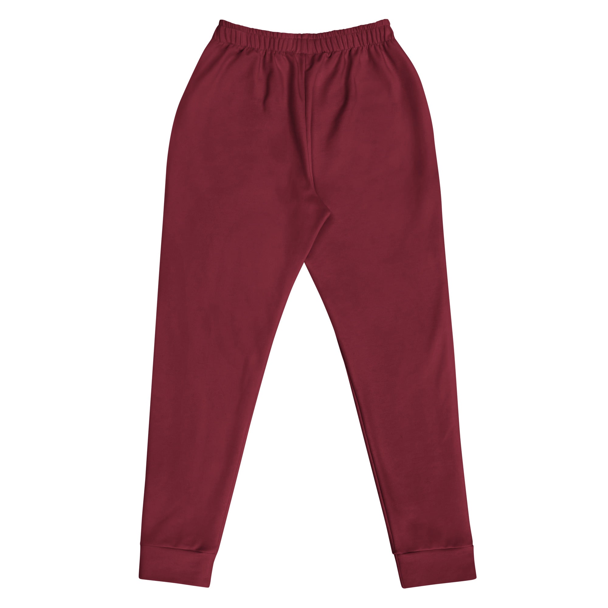 Women’s burgundy recycled jogger pants with pockets made of soft brushed inside fleece featuring elastic waistband and ribbed cuffs