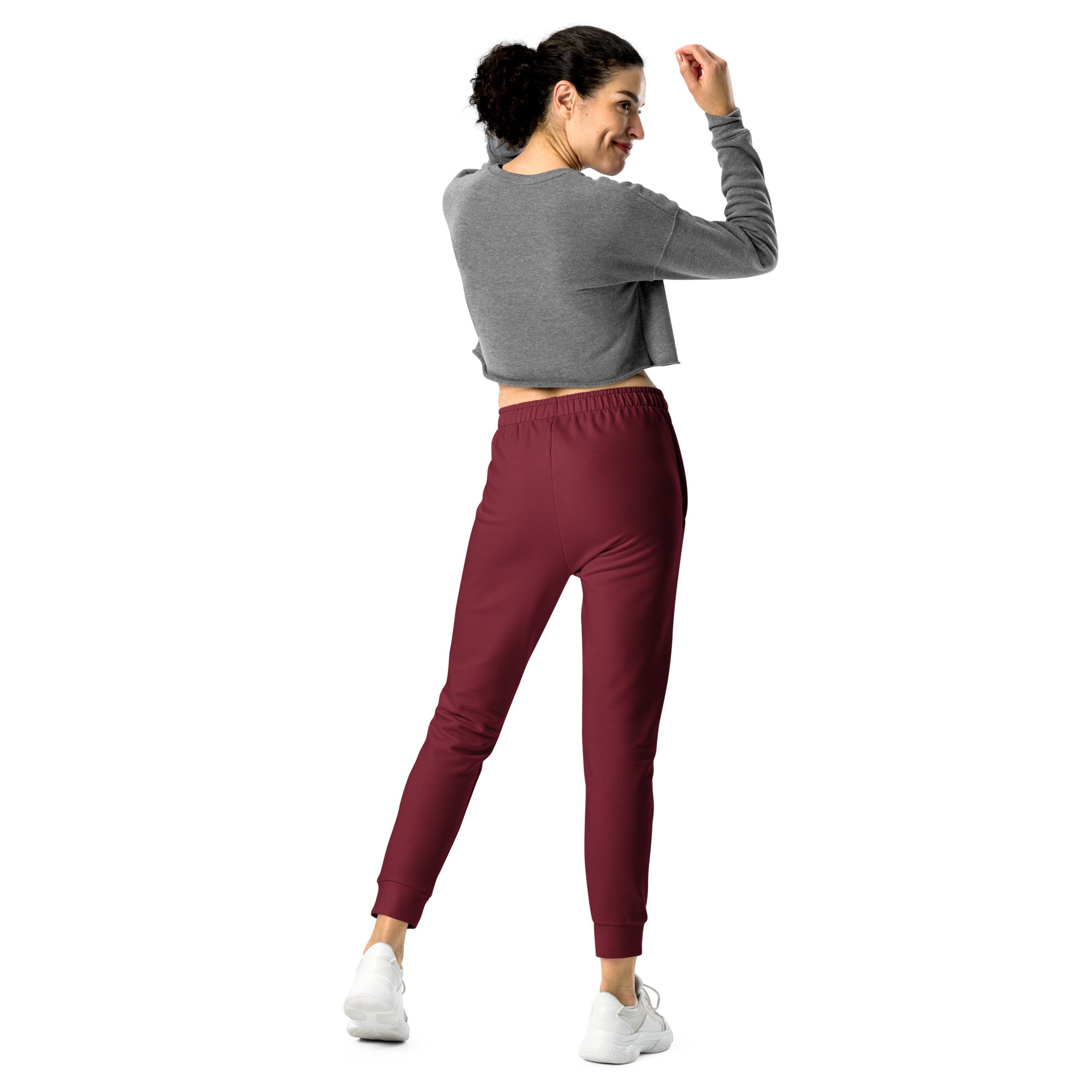 Women’s burgundy recycled jogger pants with pockets elastic waistband tapered legs and cozy brushed fleece inside