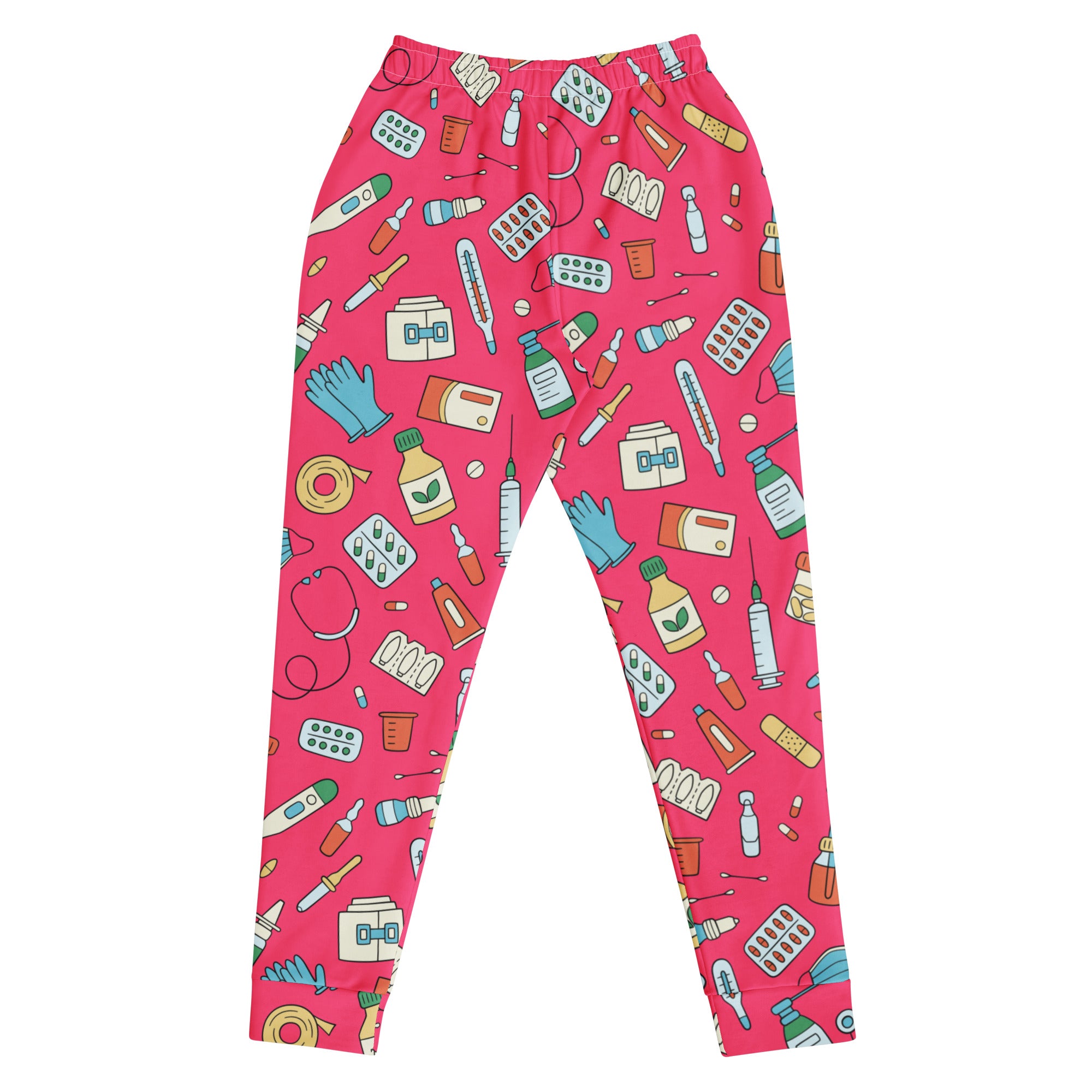 Women’s pink medical print recycled jogger pants with pockets cozy brushed fleece inside featuring colorful supplies pattern