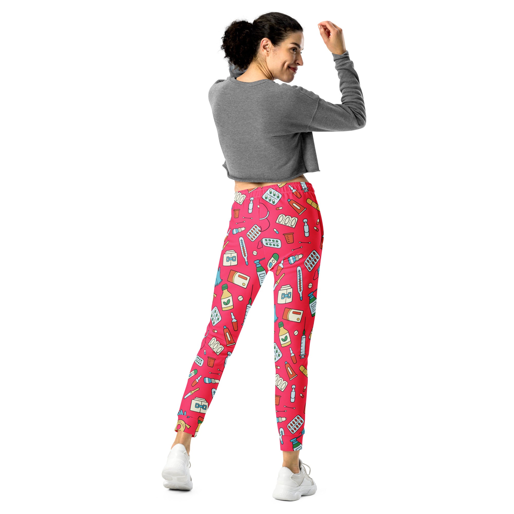 Women’s bright pink medical print recycled jogger pants with pockets and cozy brushed inside fleece lining