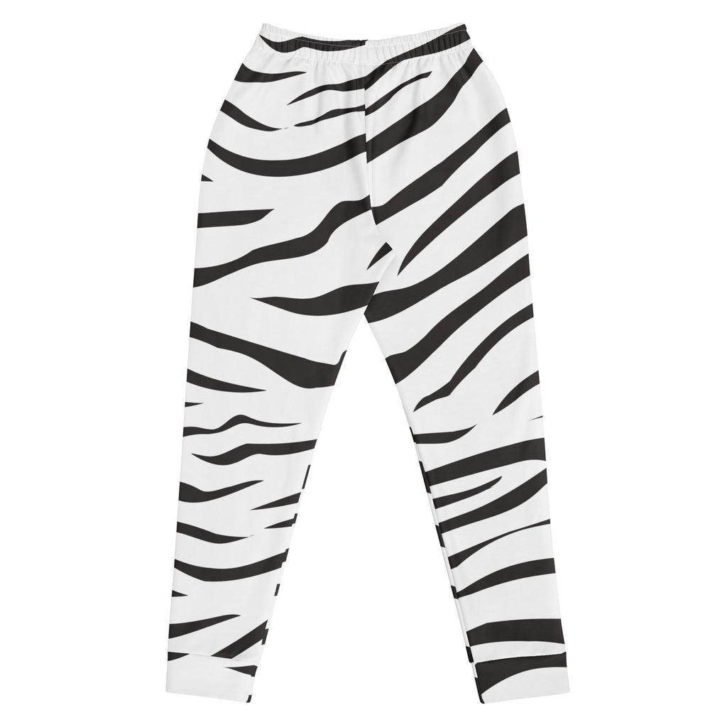 Women’s zebra print recycled jogger pants with black and white stripes elastic waistband and cozy brushed fleece lining
