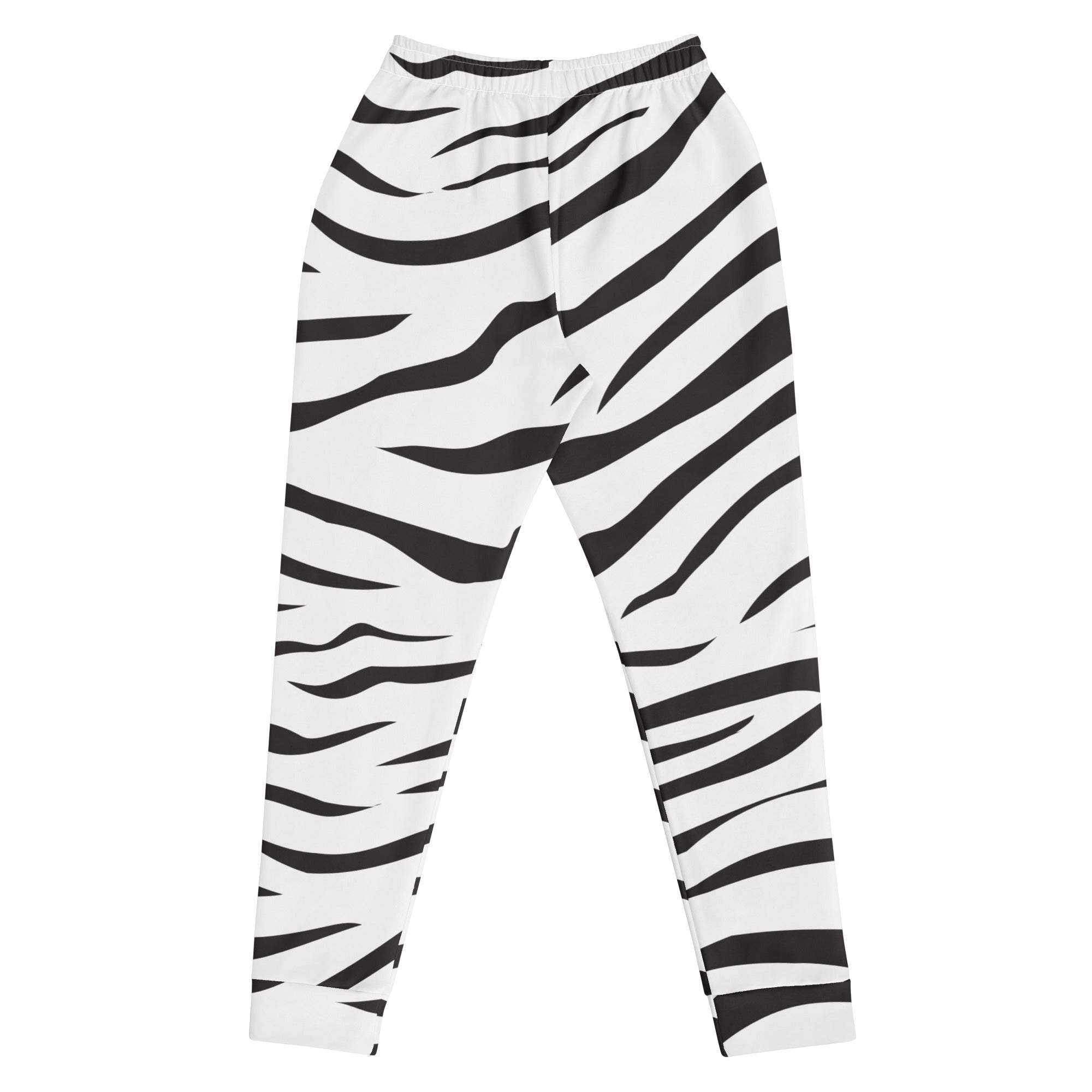 Women’s zebra print recycled jogger pants with black and white stripes elastic waistband and cozy brushed fleece lining
