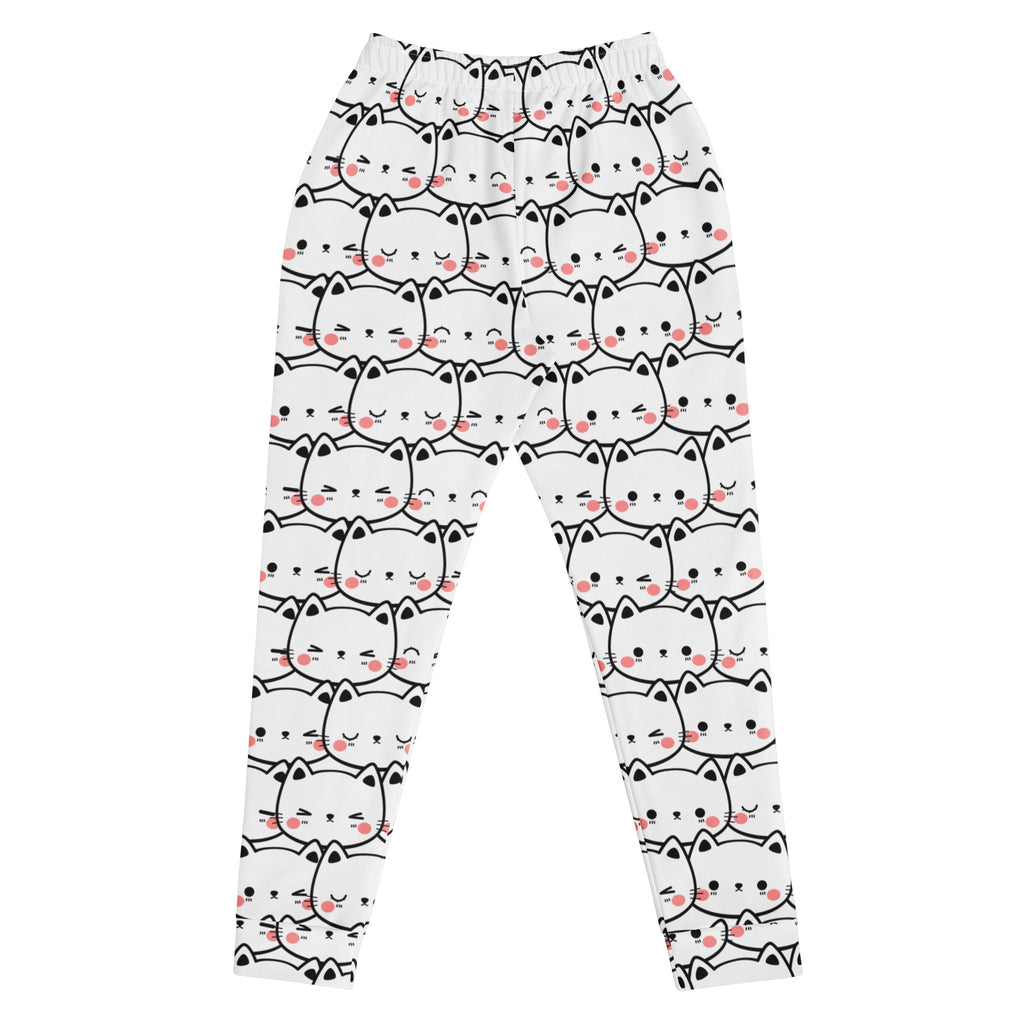 White leggings with black outlined cartoon cats pink blush cheeks womens recycled jogger pants cozy fleece pockets