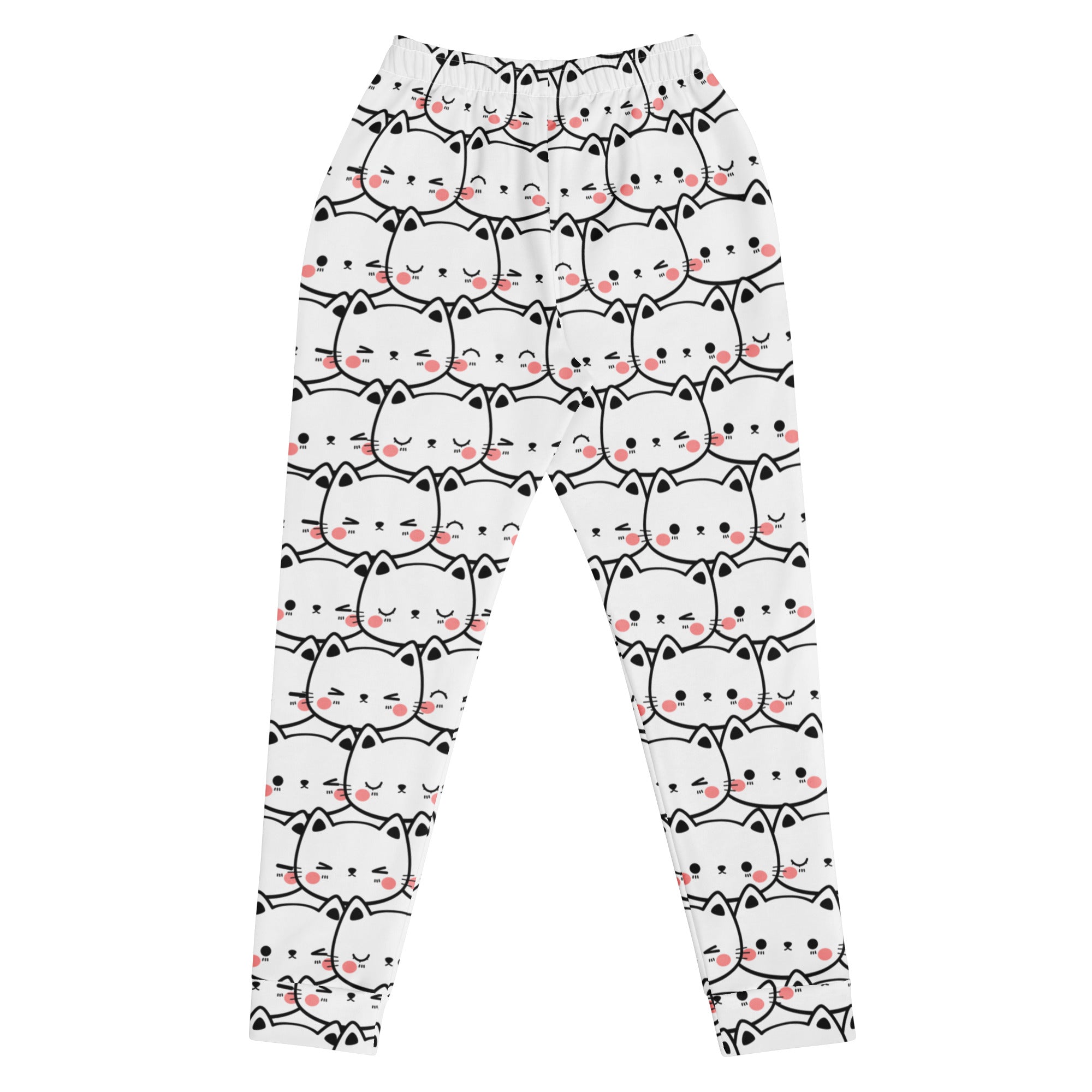 White leggings with black outlined cartoon cats pink blush cheeks womens recycled jogger pants cozy fleece pockets