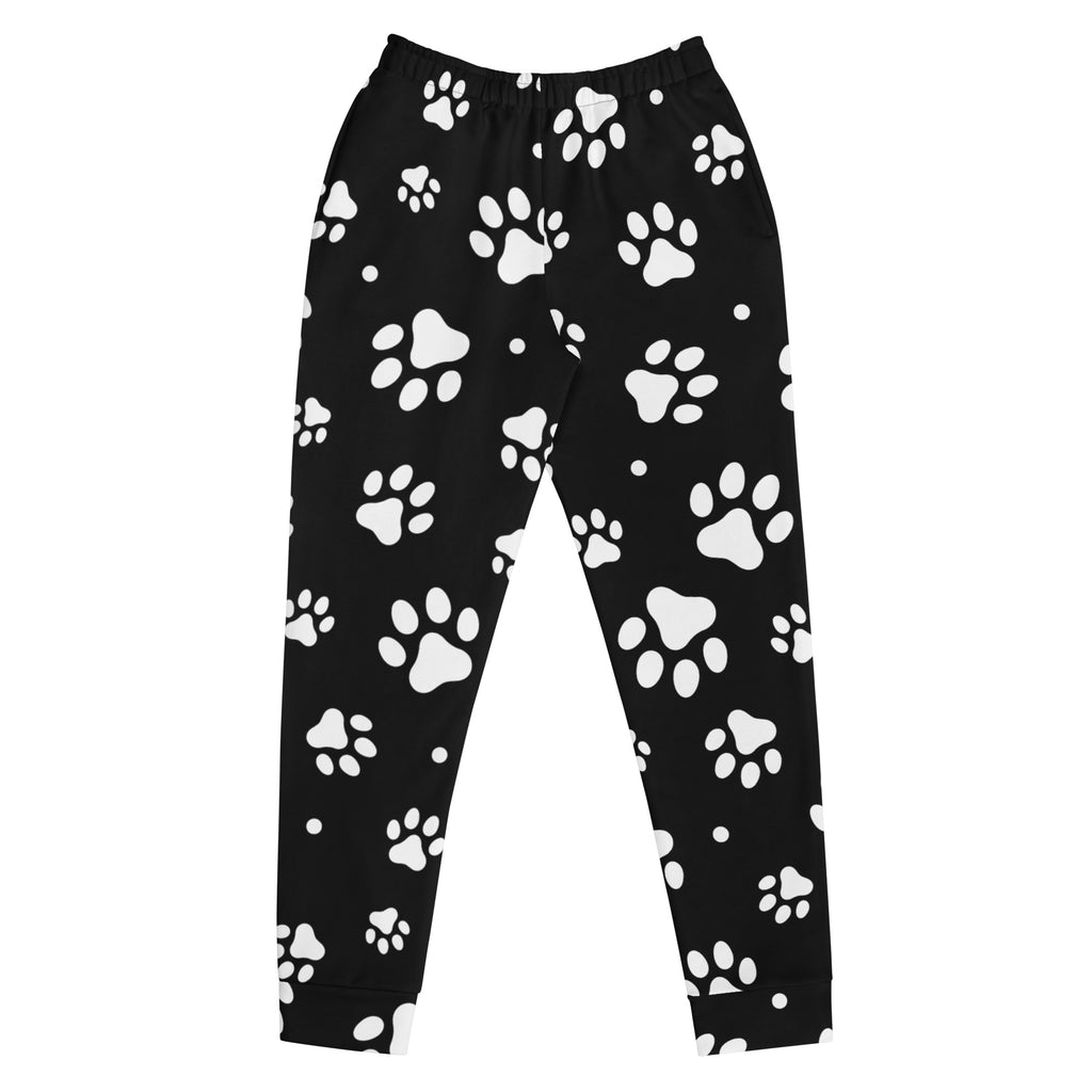 Women’s black recycled jogger pants with cozy brushed fleece inside featuring white paw print and dot pattern