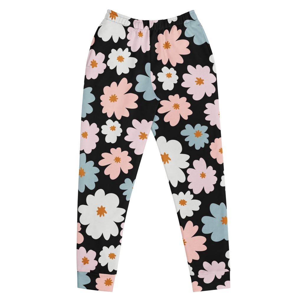 Women’s black floral-patterned recycled jogger pants with pink white blue blossoms cozy brushed fleece lining